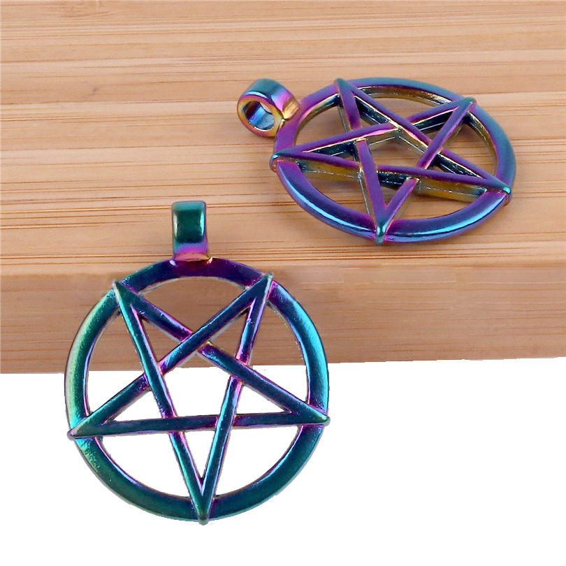 Picture of Zinc Based Alloy Galaxy Pendants Round Blue Pentagram Star AB Color 33mm x 27mm, 1 Packet ( 4 PCs/Packet)