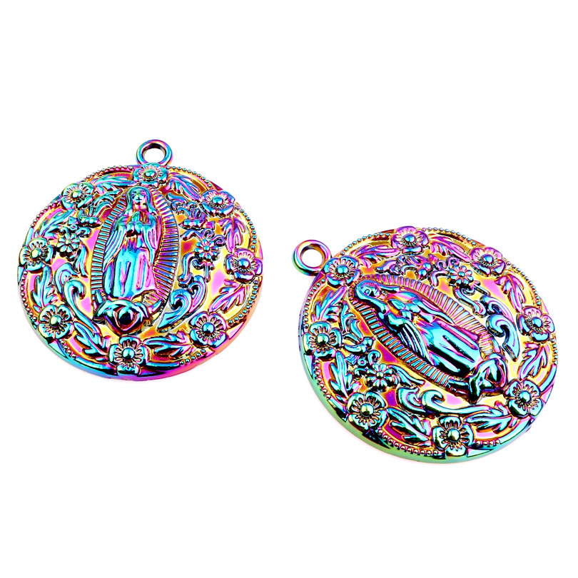 Picture of Zinc Based Alloy Religious Pendants Round Multicolor Virgin Mary AB Color 48mm x 42mm, 1 Packet ( 2 PCs/Packet)