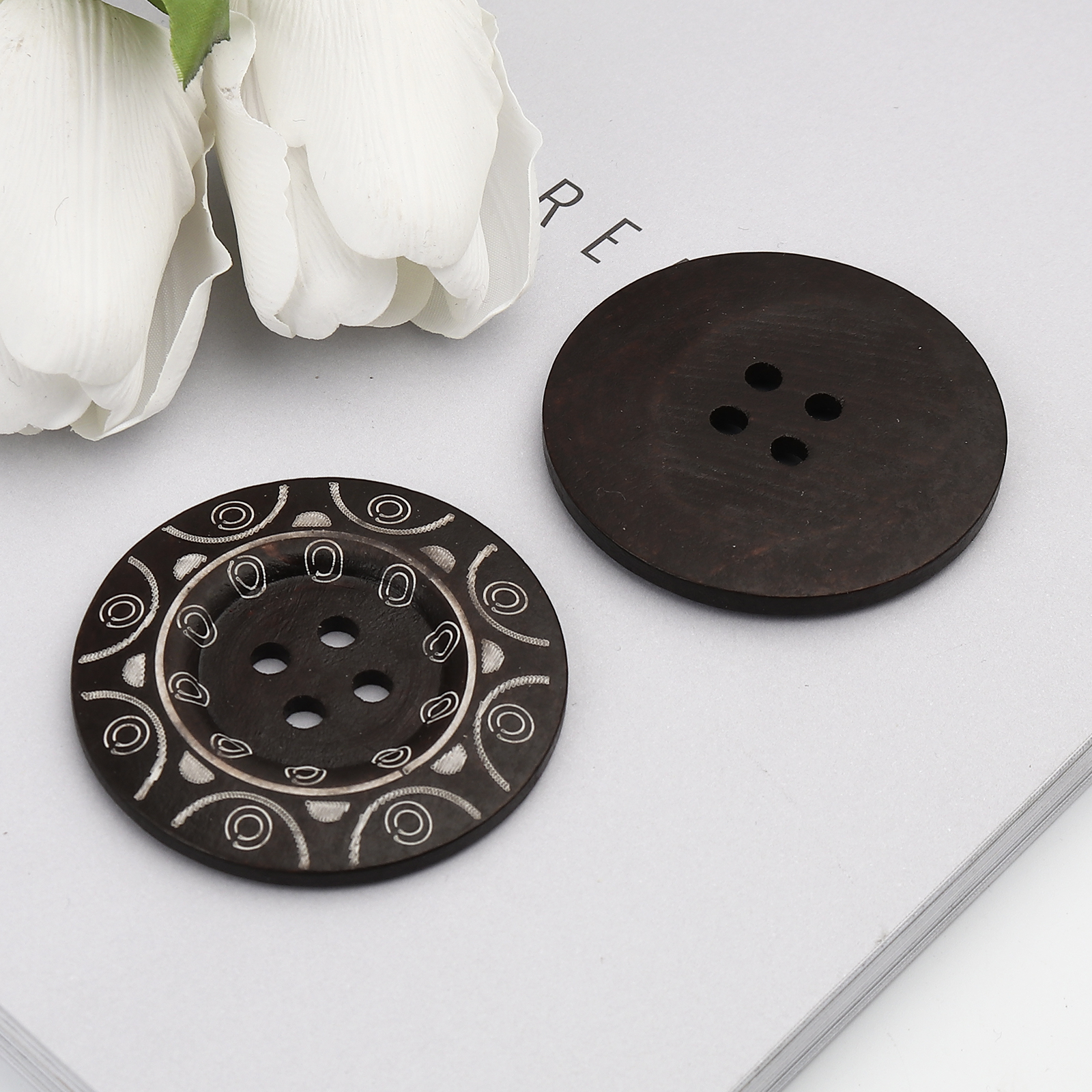 Picture of Wood Sewing Buttons Scrapbooking 4 Holes Round Dark Coffee Circle 6cm Dia., 10 PCs