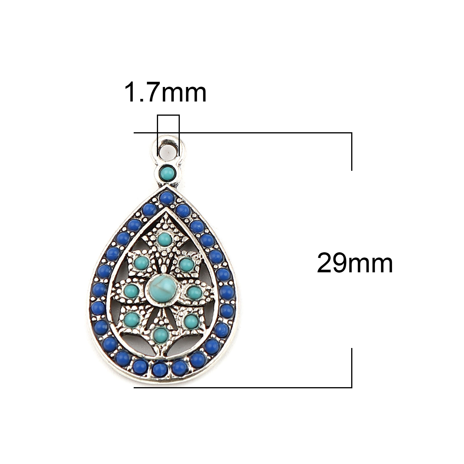 Picture of Zinc Based Alloy Boho Chic Bohemia Charms Drop Antique Silver Color Blue Royal Blue Rhinestone 29mm x 17mm, 5 PCs
