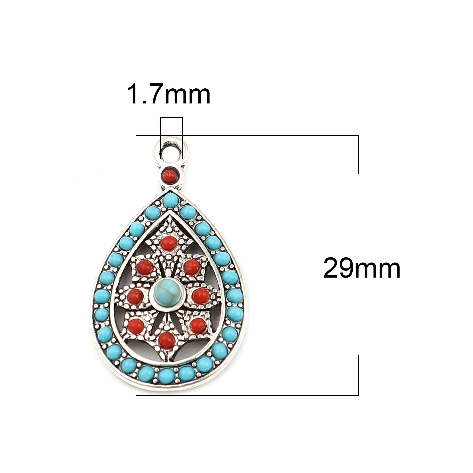 Picture of Zinc Based Alloy Boho Chic Bohemia Charms Drop Antique Silver Color Red Skyblue Rhinestone 29mm x 17mm, 5 PCs