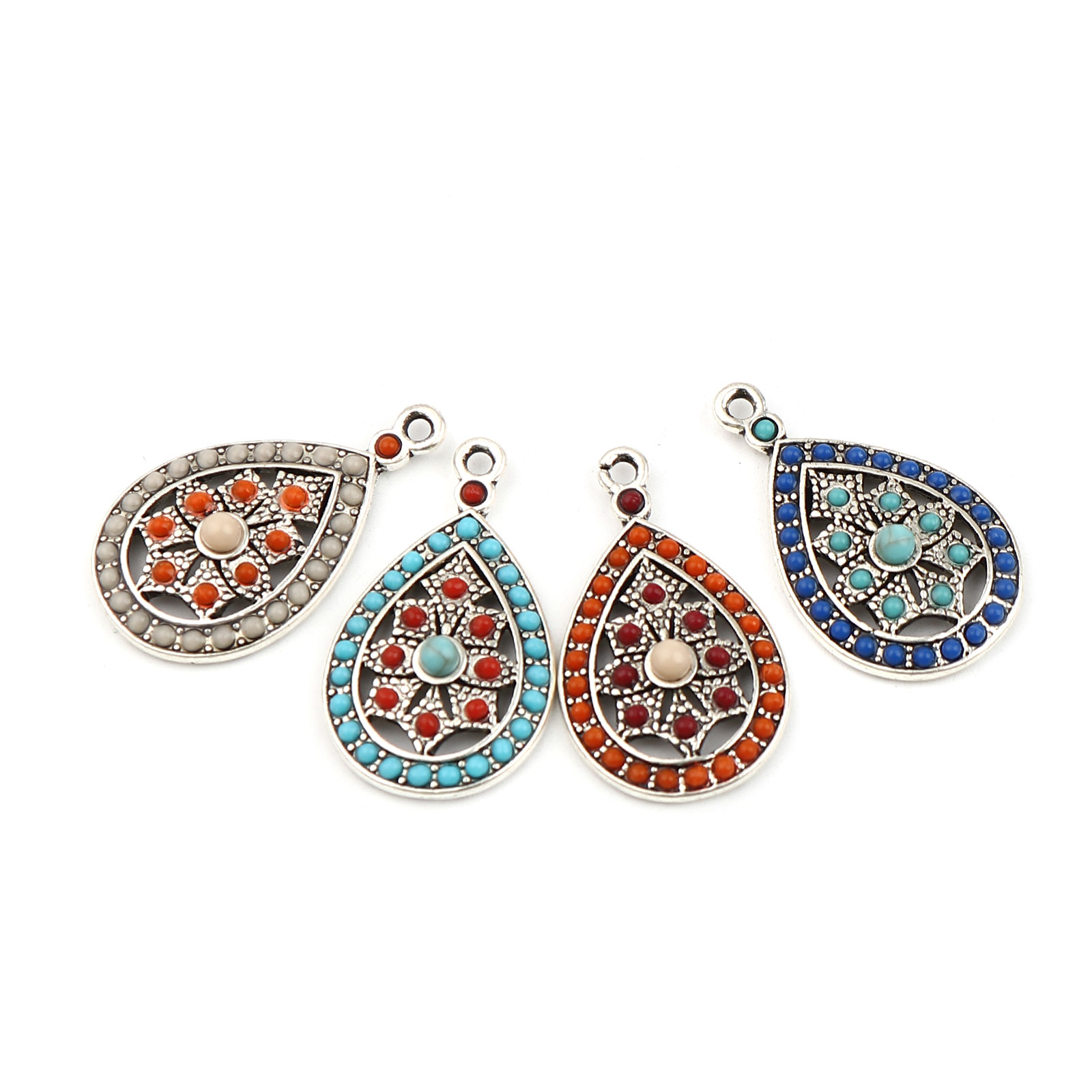 Picture of Zinc Based Alloy Boho Chic Bohemia Charms Drop Antique Silver Color Red Skyblue Rhinestone 29mm x 17mm, 5 PCs