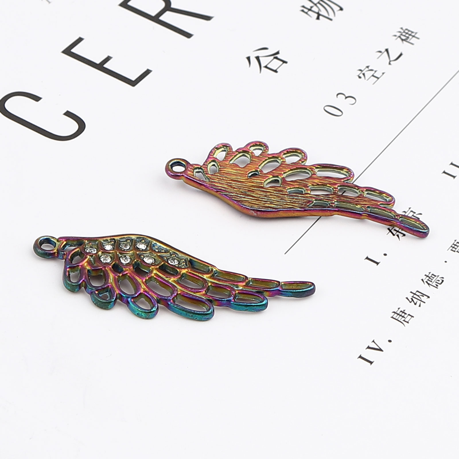 Picture of Zinc Based Alloy Pendants Wing Multicolor Clear Rhinestone 43mm x 16mm, 5 PCs