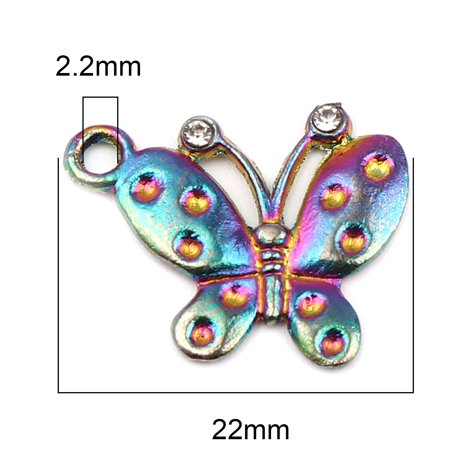 Picture of Zinc Based Alloy Insect Charms Butterfly Animal Multicolor Clear Rhinestone 22mm x 18mm, 5 PCs