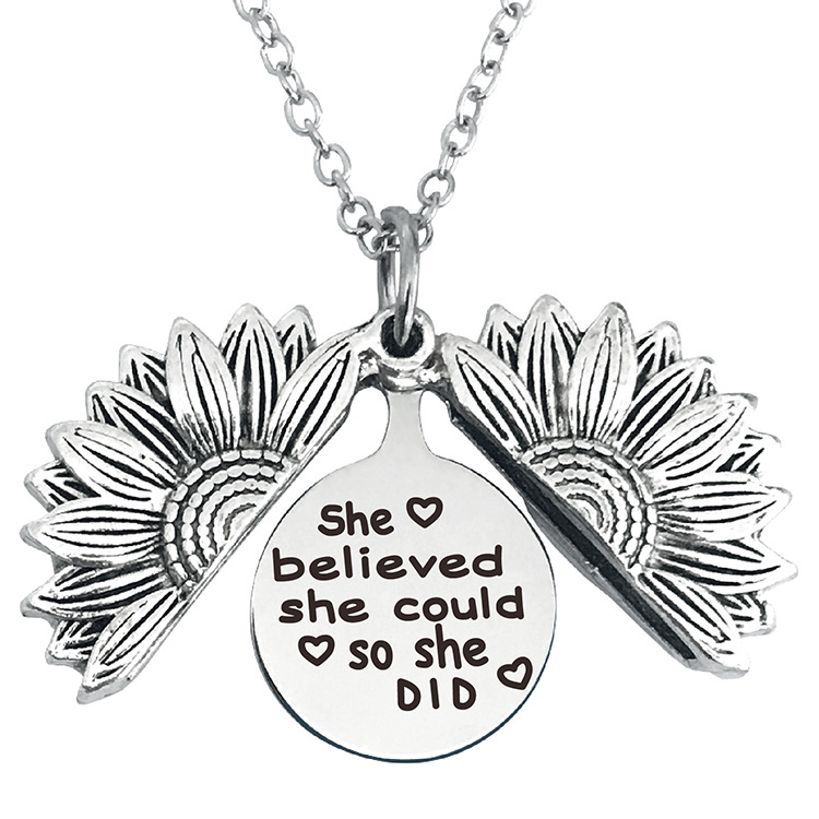 Picture of Stainless Steel Positive Quotes Energy Link Chain Findings Necklace Antique Silver Color Round Sunflower Message " She believed she could So she did " Can Open 45cm(17 6/8") long, 1 Piece
