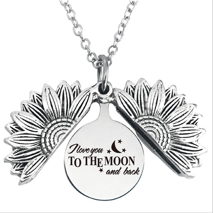 Picture of Stainless Steel Positive Quotes Energy Link Chain Findings Necklace Antique Silver Color Round Sunflower Message " I Love You To The Moon " Can Open 45cm(17 6/8") long, 1 Piece