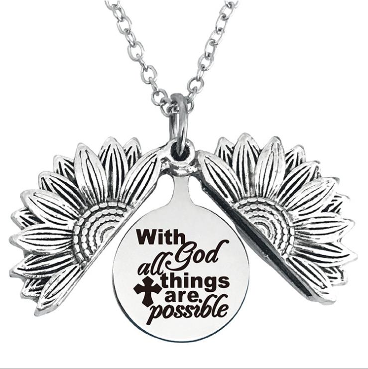 Picture of Stainless Steel Positive Quotes Energy Link Chain Findings Necklace Antique Silver Color Round Sunflower Message " With all things are possible " Can Open 45cm(17 6/8") long, 1 Piece
