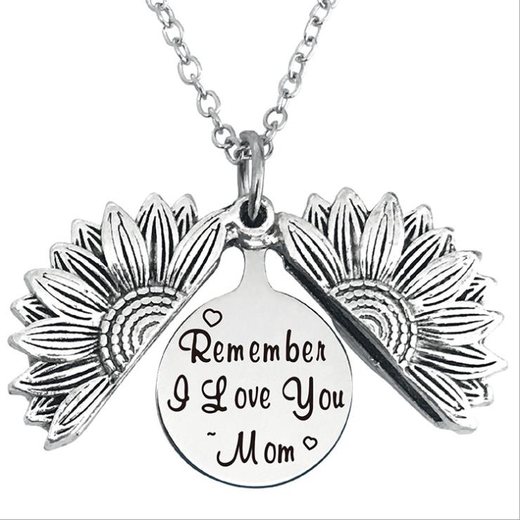 Picture of Stainless Steel Positive Quotes Energy Link Chain Findings Necklace Antique Silver Color Round Sunflower Message " Remember Love you Mom " Can Open 45cm(17 6/8") long, 1 Piece