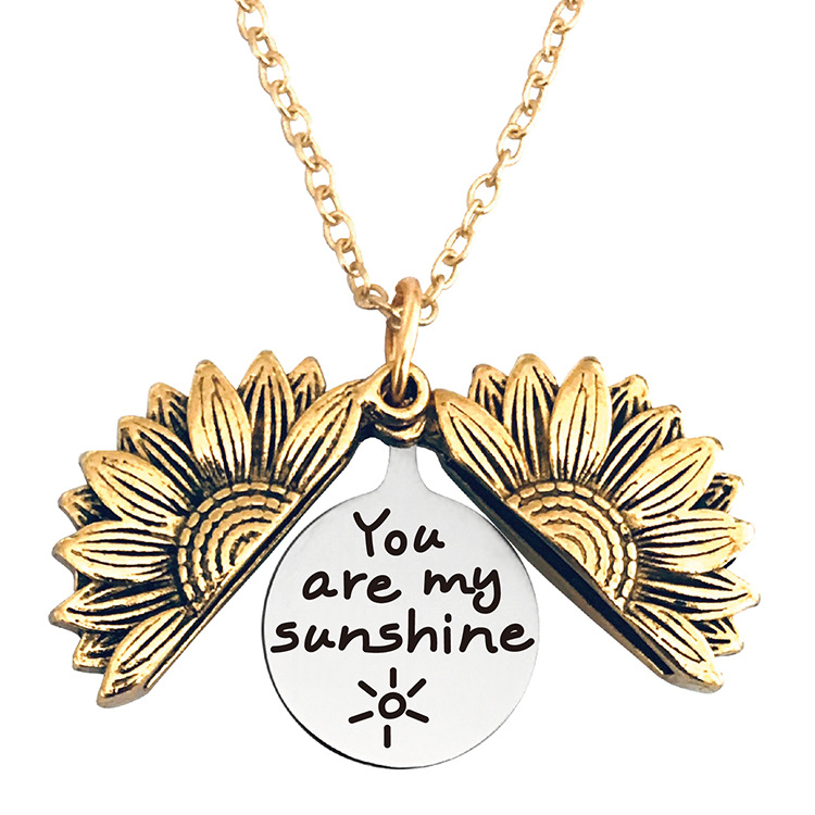 Picture of Stainless Steel Positive Quotes Energy Link Chain Findings Necklace Gold Tone Antique Gold Round Sunflower Message " YOU ARE MY Sunshine " Can Open 45cm(17 6/8") long, 1 Piece