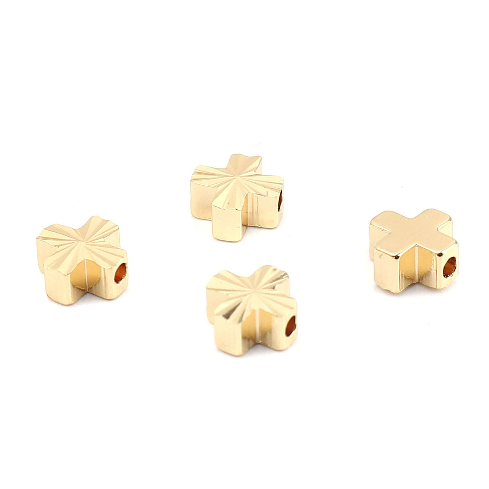 Picture of Copper Beads Cross 18K Real Gold Plated Carved Pattern About 6mm x 6mm, Hole: Approx 1.2mm, 10 PCs