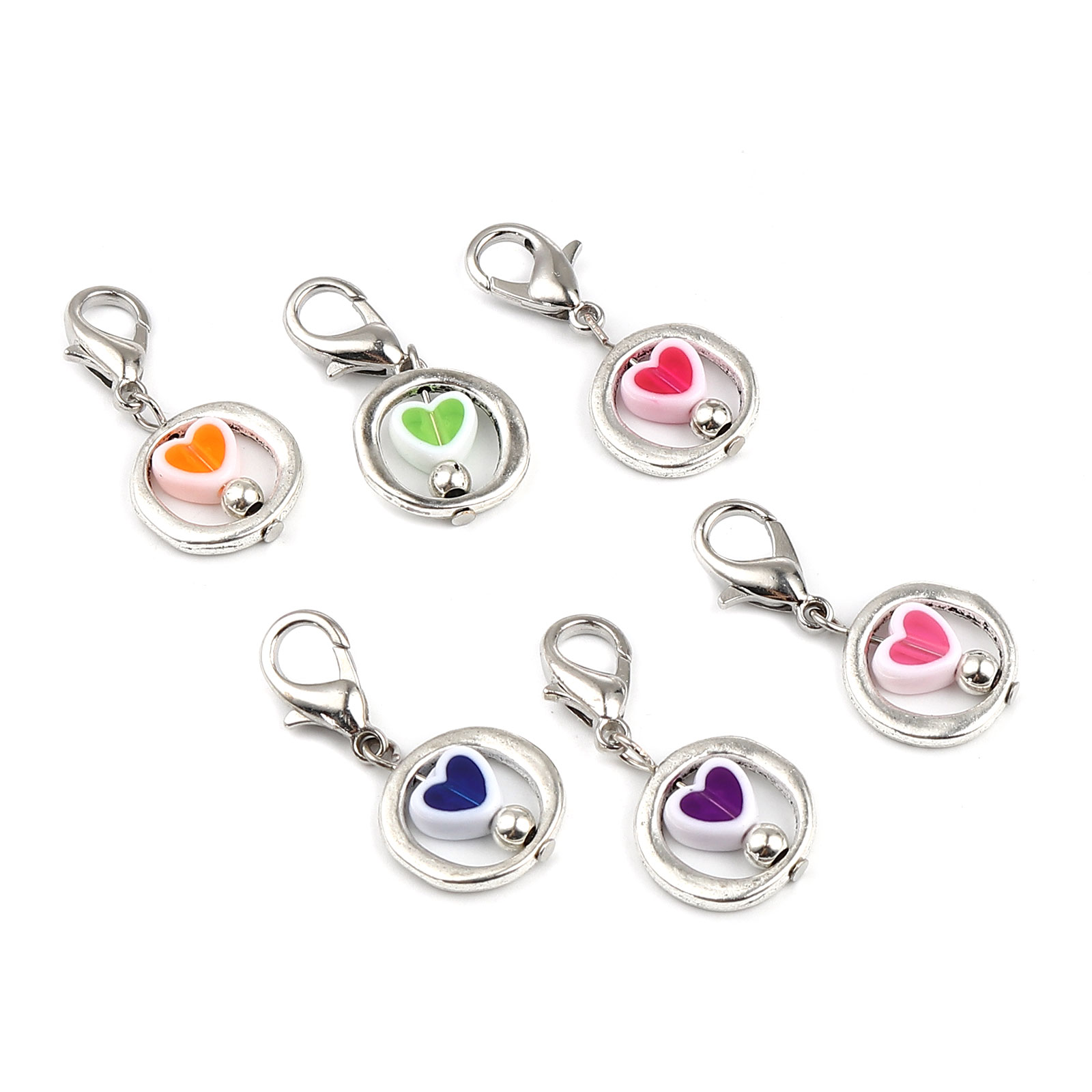 Picture of Zinc Based Alloy & Acrylic Knitting Stitch Markers Circle Ring Silver Tone At Random Color Heart 35mm x 16mm, 12 PCs