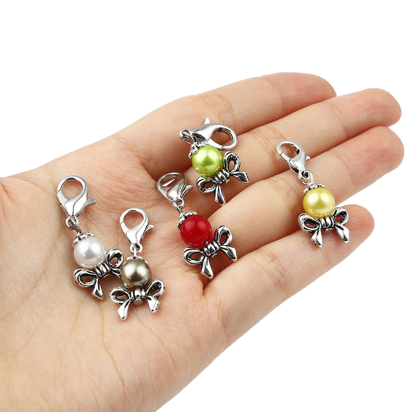 Picture of Zinc Based Alloy & Acrylic Knitting Stitch Markers Bowknot Antique Silver Color At Random Color 34mm x 14mm, 12 PCs