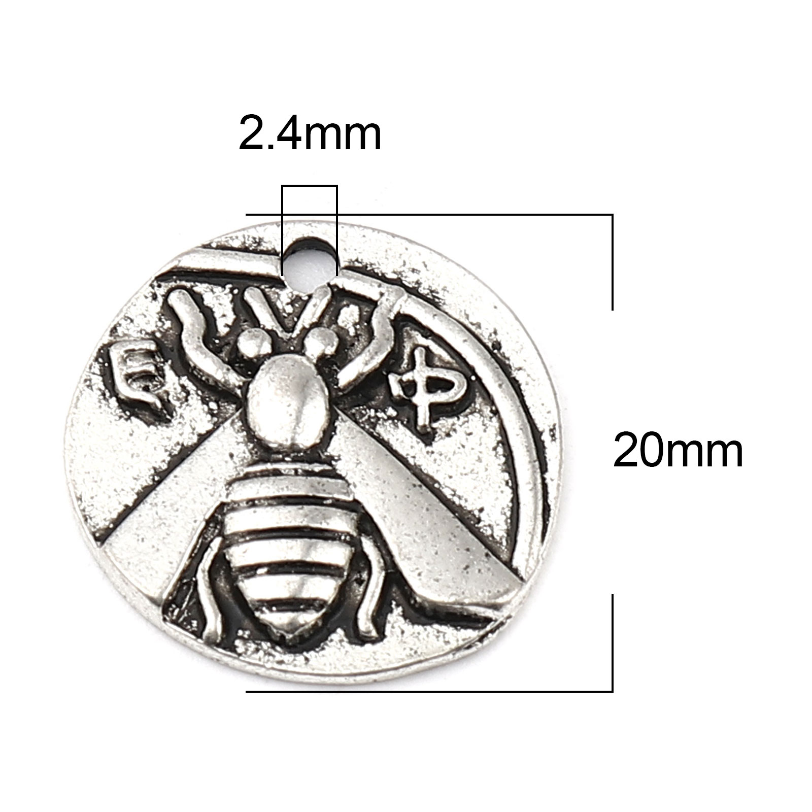 Picture of Zinc Based Alloy Insect Charms Round Antique Silver Color Bee 20mm Dia., 10 PCs