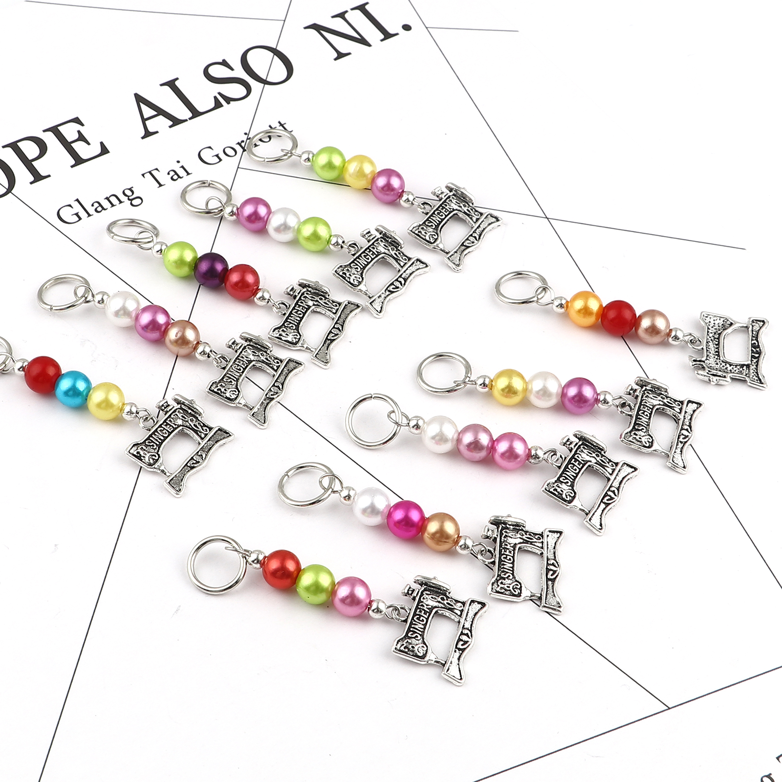 Picture of Zinc Based Alloy & Acrylic Knitting Stitch Markers Sewing Machine Antique Silver Color At Random Color 63mm x 20mm, 10 PCs