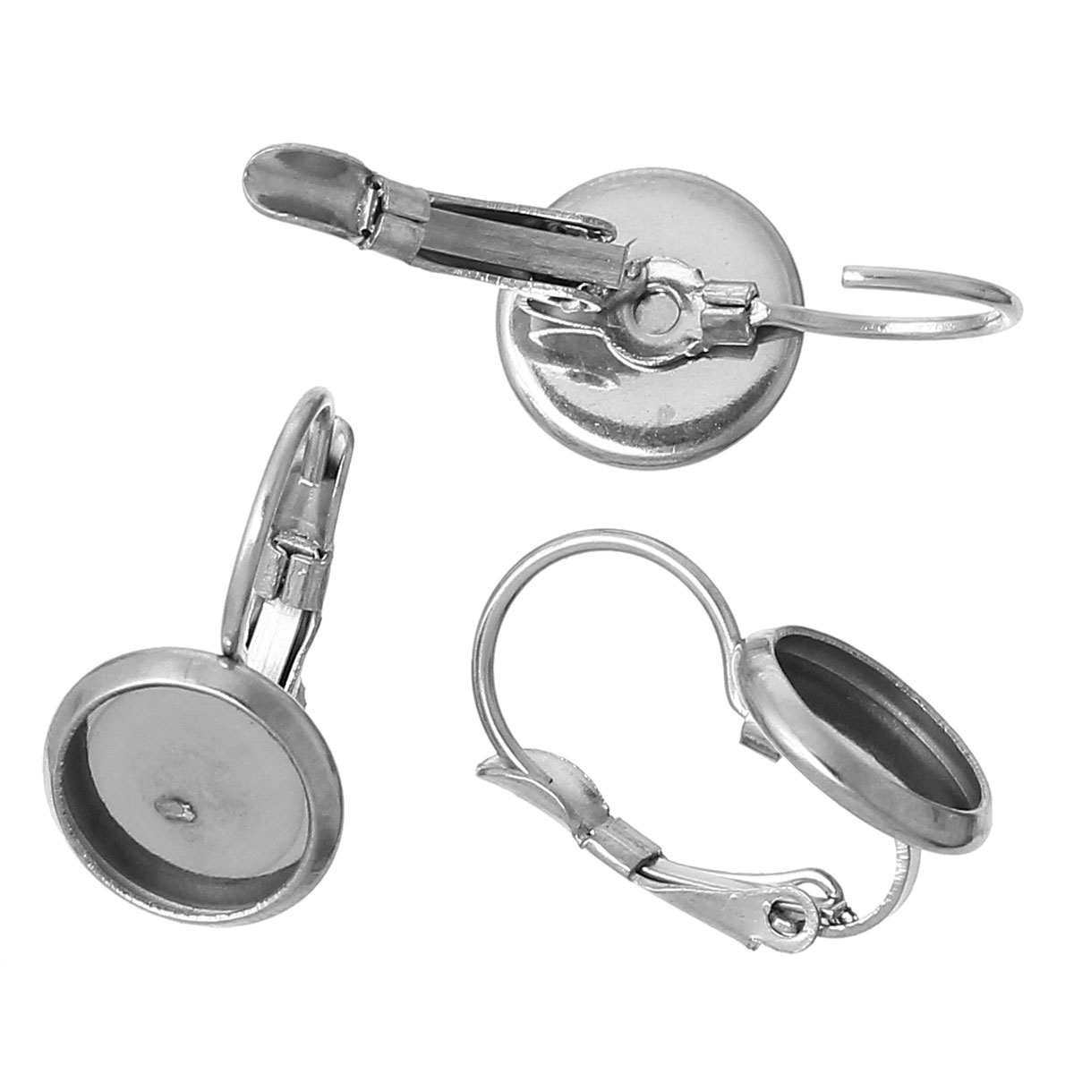 Picture of 304 Stainless Steel Lever Back Clips Earring Findings Silver Tone Cabochon Settings (Fits 8mm Dia) 18mm( 6/8") x 10mm( 3/8"), 10 PCs
