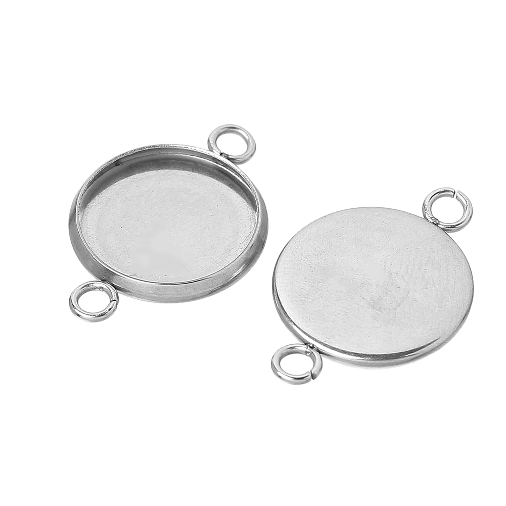 Picture of 304 Stainless Steel Cabochon Settings Connectors Round Silver Tone (Fits 12mm Dia) 21mm( 7/8") x 14mm( 4/8"), 20 PCs