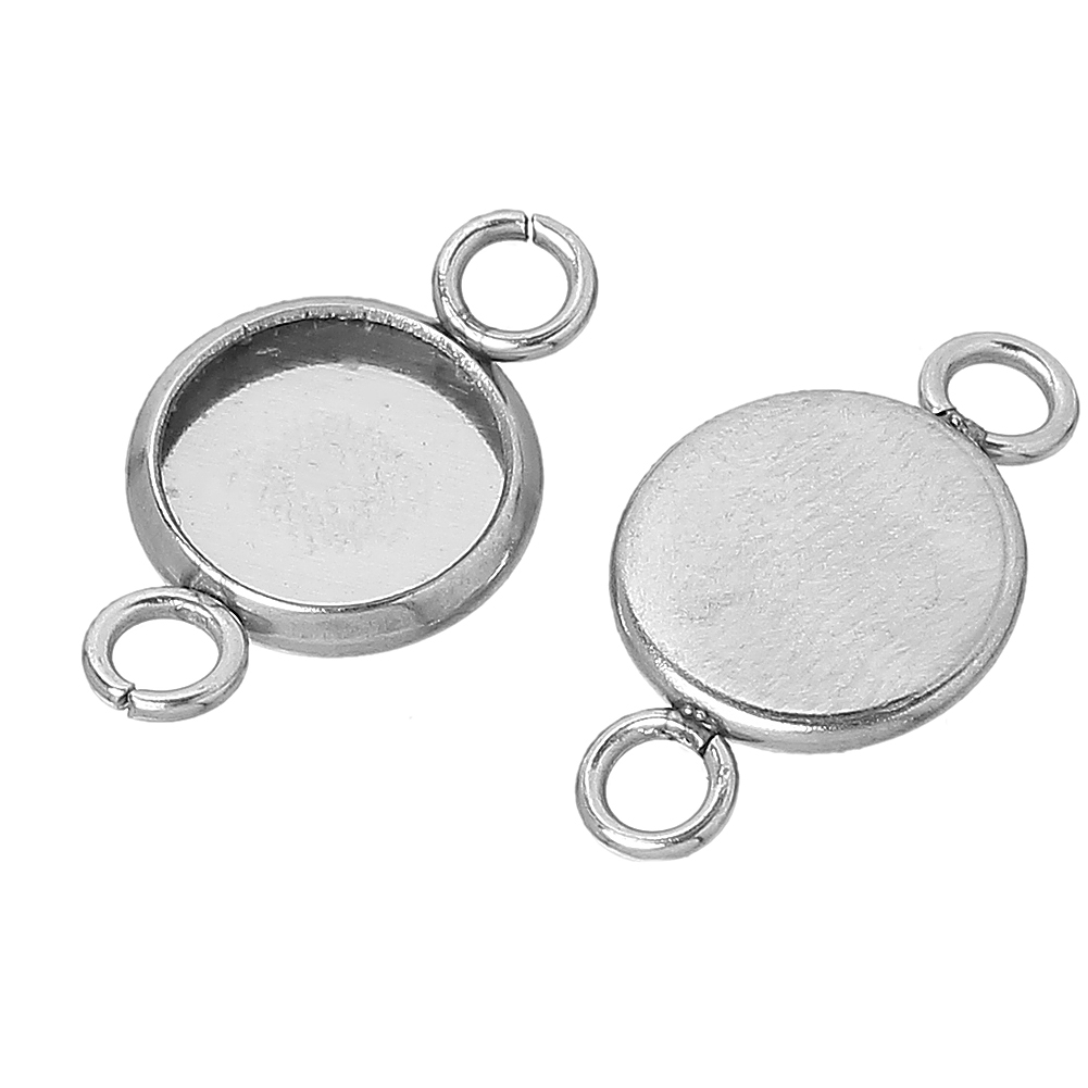 Picture of 304 Stainless Steel Cabochon Settings Connectors Round Silver Tone（Fits 10mm Dia) 20mm( 6/8") x 12mm( 4/8"), 20 PCs