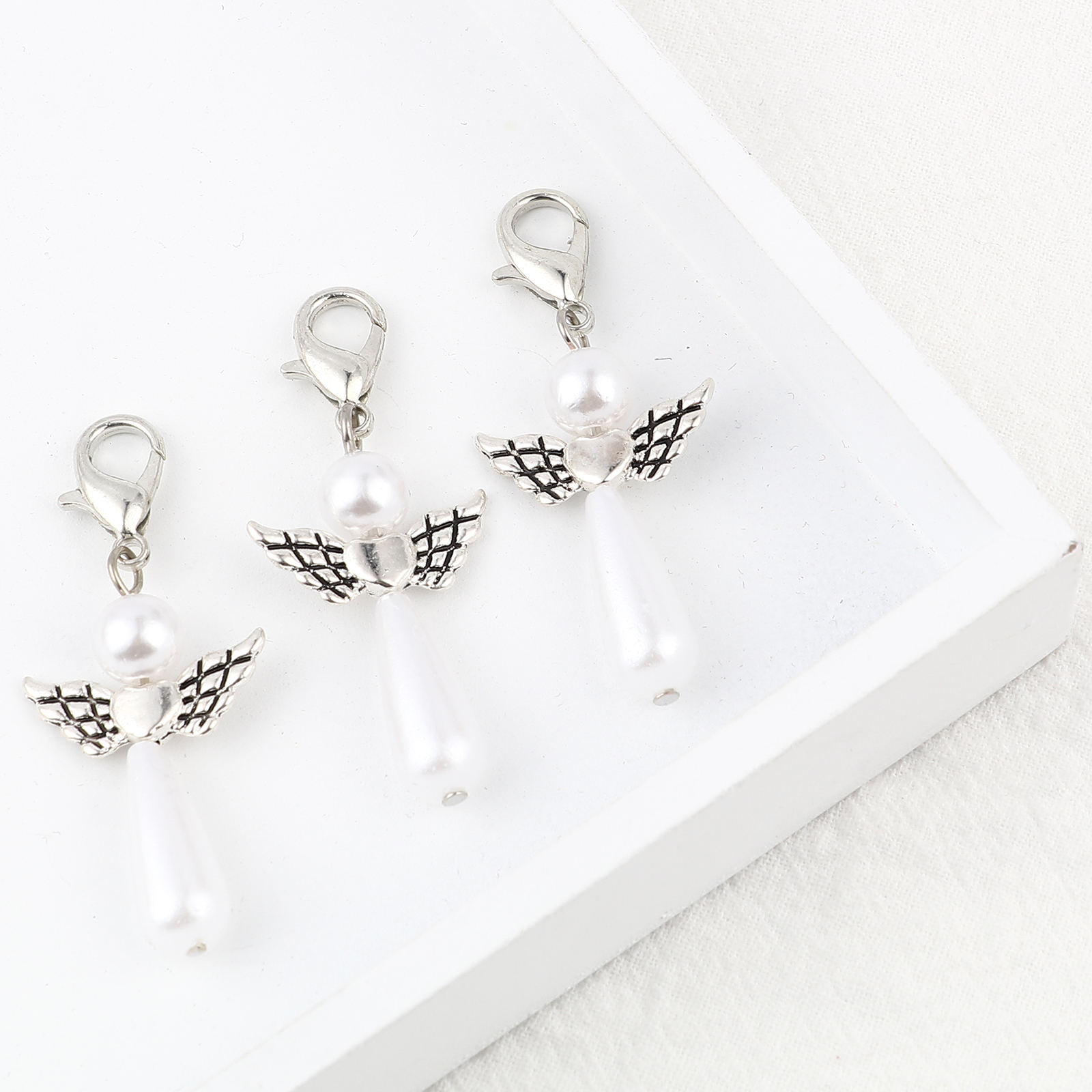 Picture of Zinc Based Alloy Knitting Stitch Markers Angel Antique Silver Color White 38mm x 22mm, 5 PCs