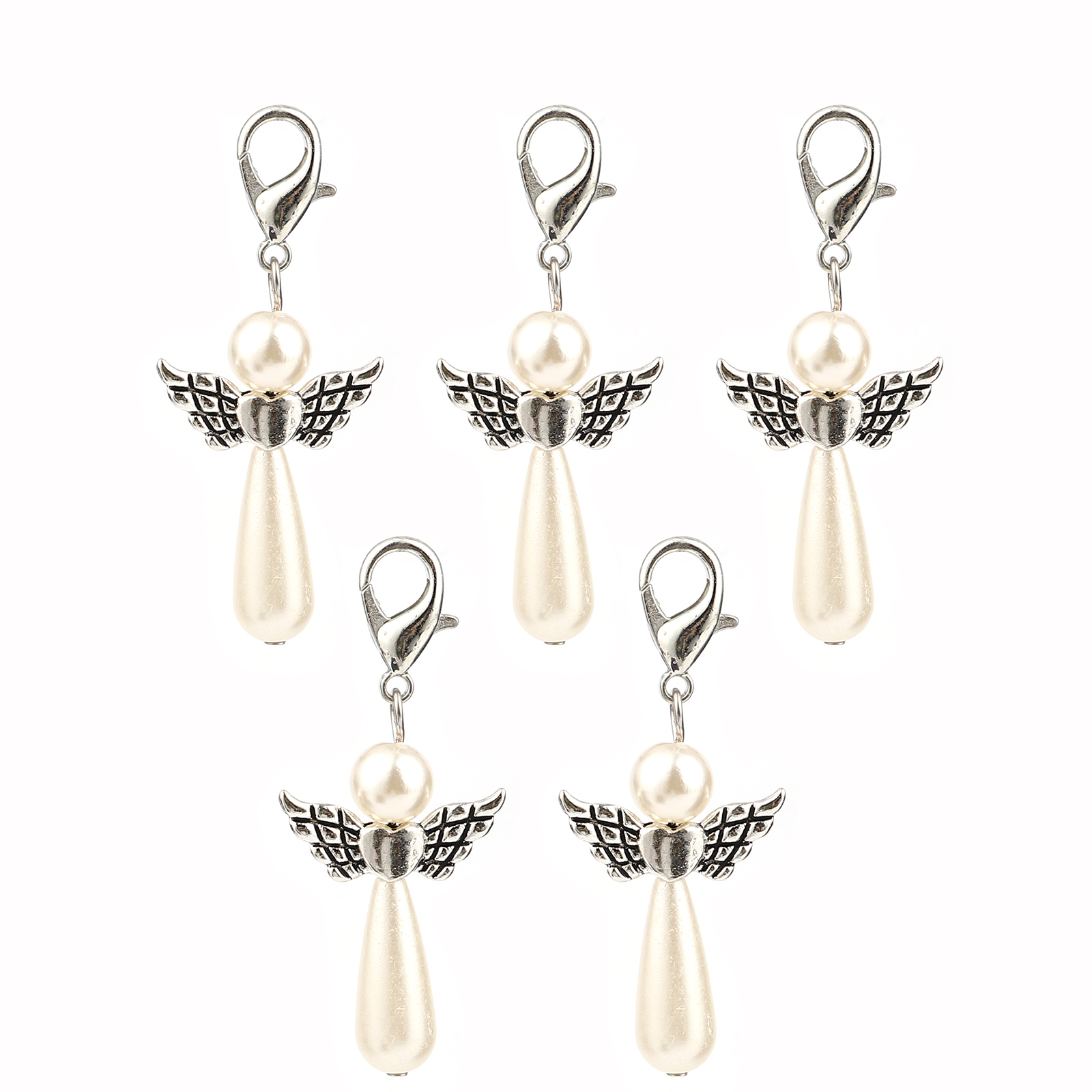 Picture of Zinc Based Alloy Knitting Stitch Markers Angel Antique Silver Color Creamy-White 38mm x 22mm, 5 PCs