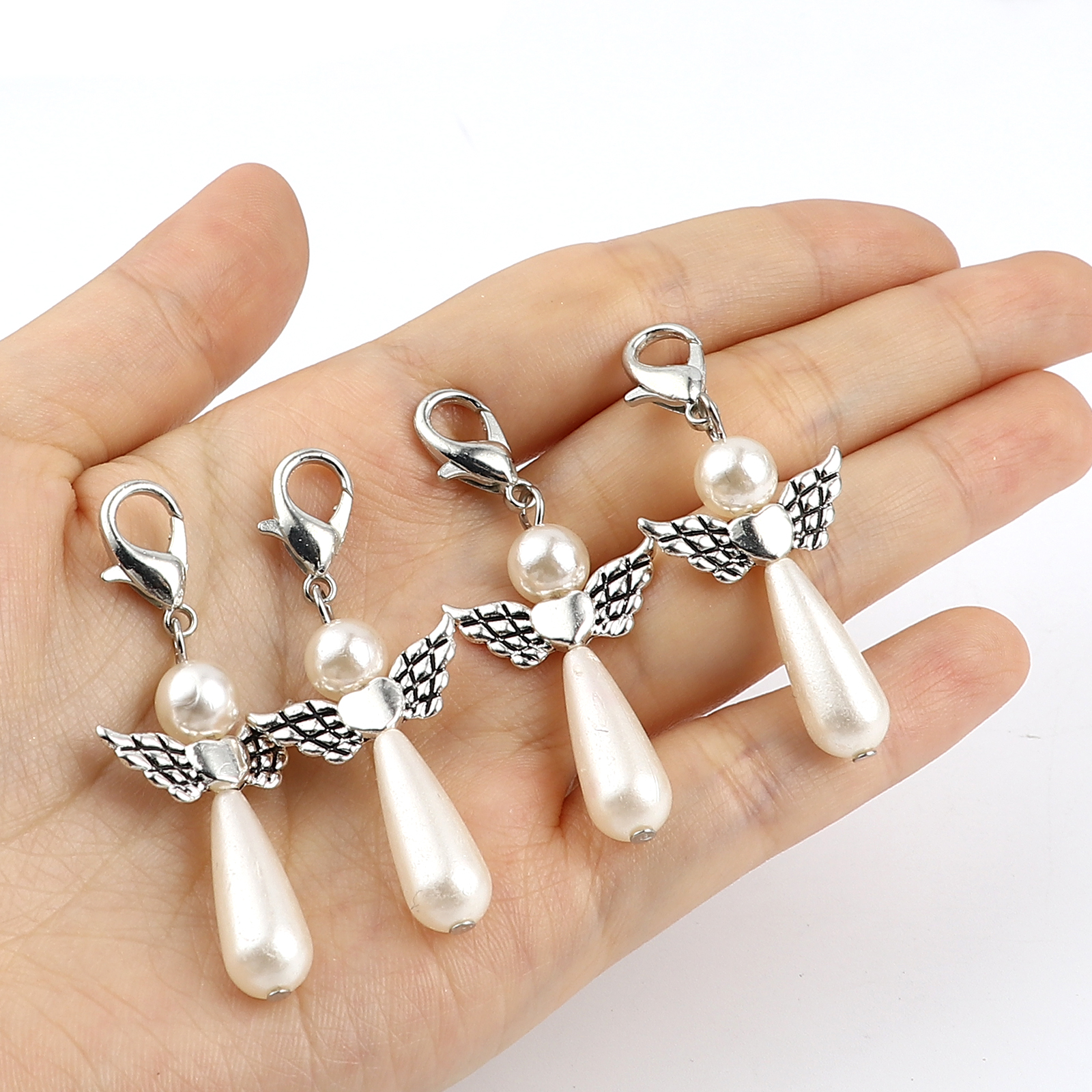Picture of Zinc Based Alloy Knitting Stitch Markers Angel Antique Silver Color Creamy-White 38mm x 22mm, 5 PCs