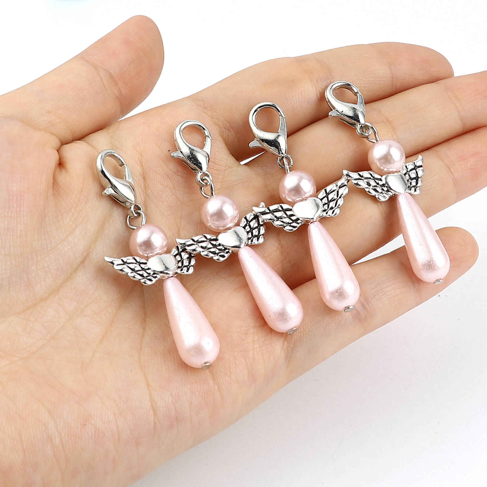 Picture of Zinc Based Alloy Knitting Stitch Markers Angel Antique Silver Color Light Pink 38mm x 22mm, 5 PCs