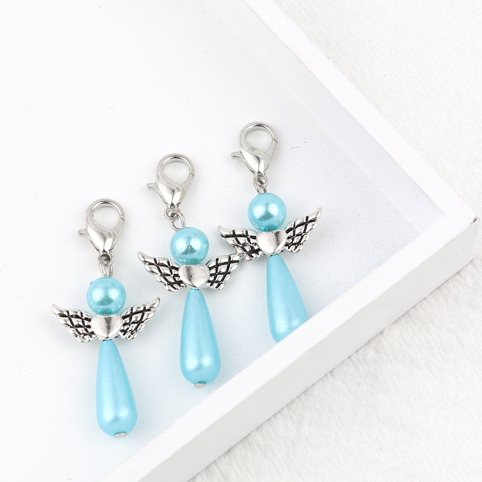 Picture of Zinc Based Alloy Knitting Stitch Markers Angel Antique Silver Color Blue 38mm x 22mm, 5 PCs