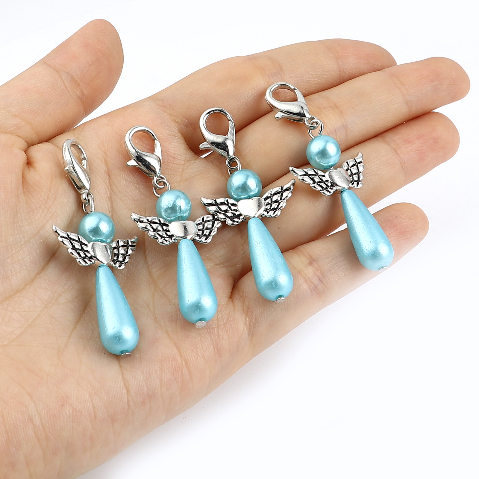 Picture of Zinc Based Alloy Knitting Stitch Markers Angel Antique Silver Color Blue 38mm x 22mm, 5 PCs