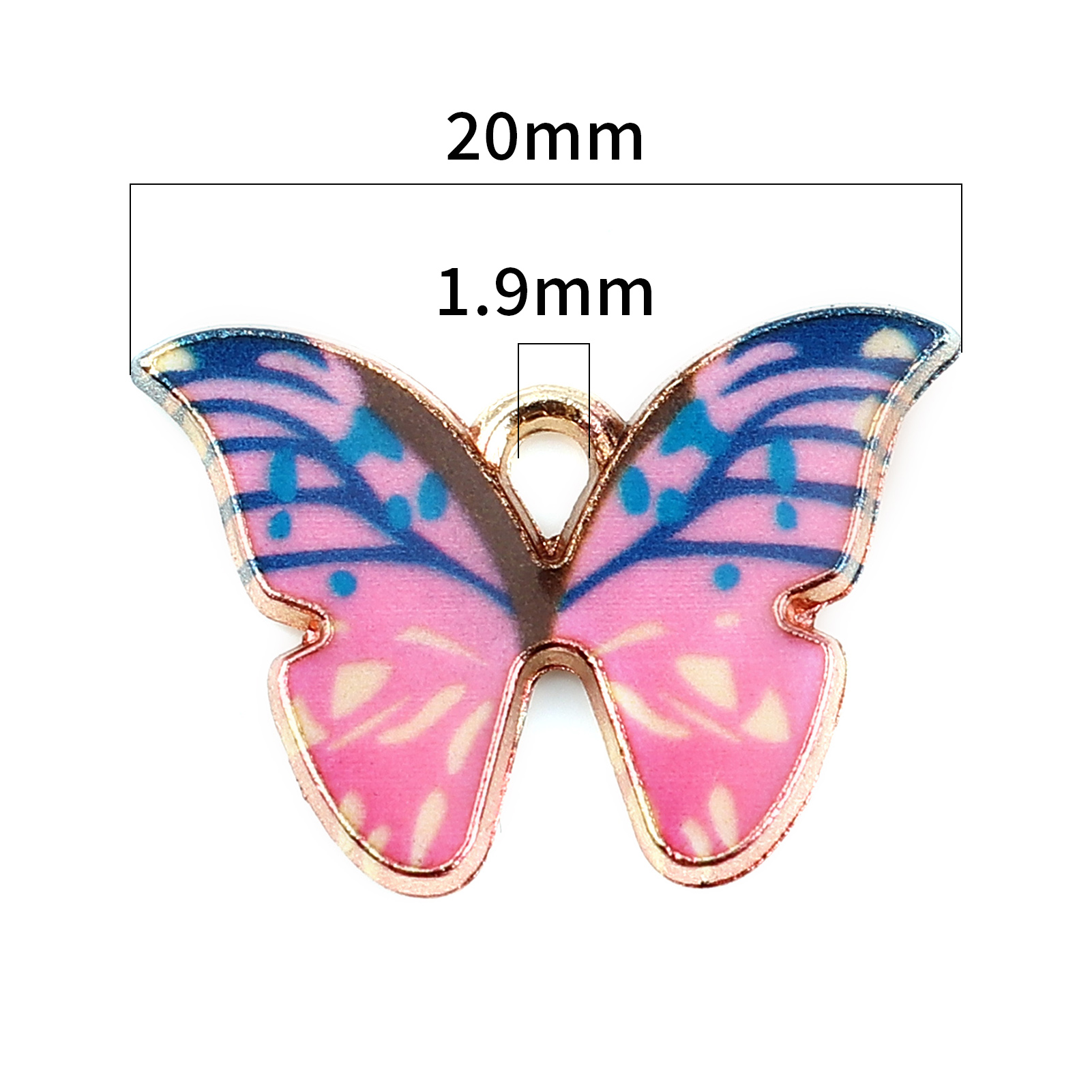 Picture of Zinc Based Alloy Insect Charms Butterfly Animal Gold Plated Blue & Pink Enamel 22mm x 15mm, 10 PCs