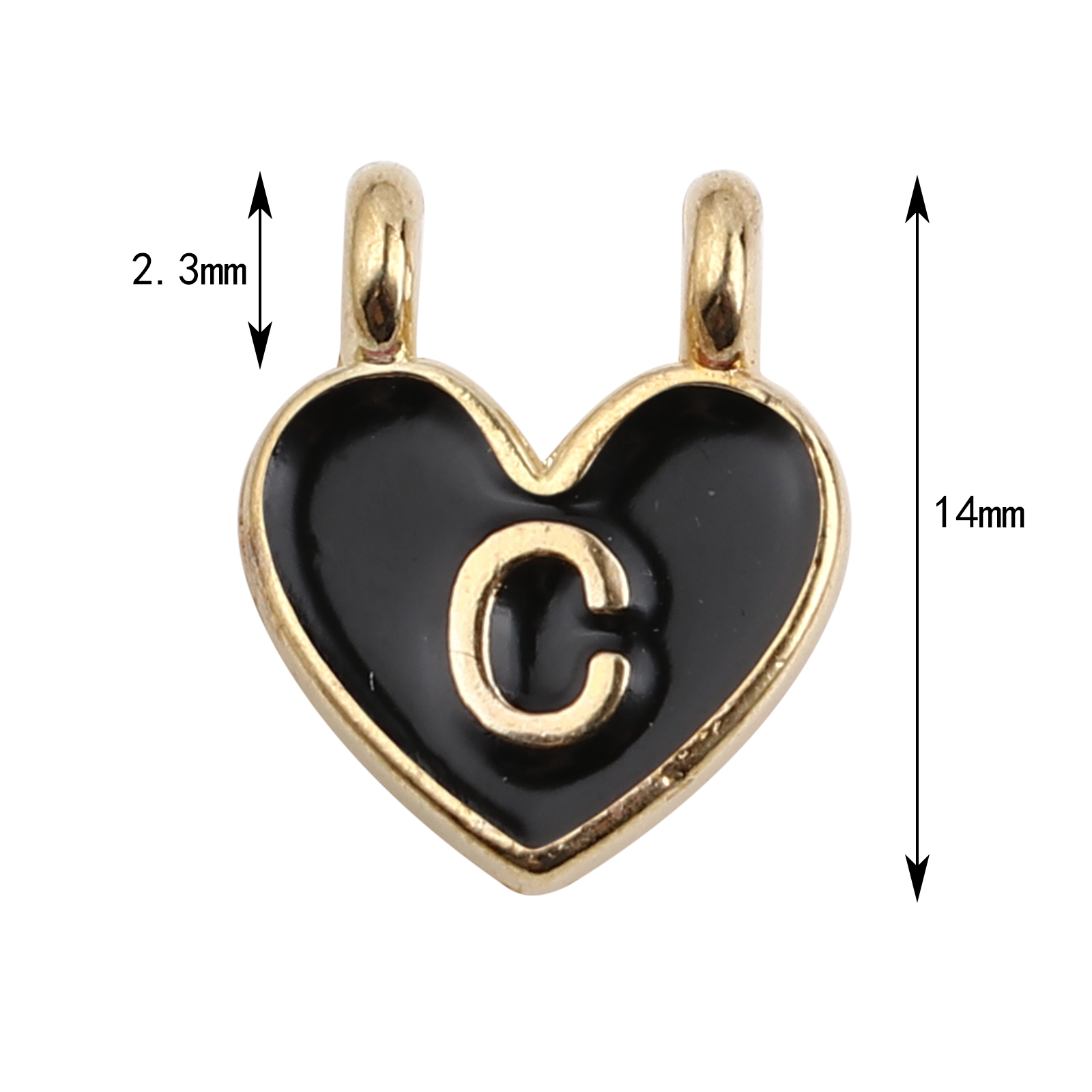 Picture of Zinc Based Alloy Charms Heart Gold Plated Black Initial Alphabet/ Capital Letter Message " C " Enamel 14mm x 11mm, 10 PCs