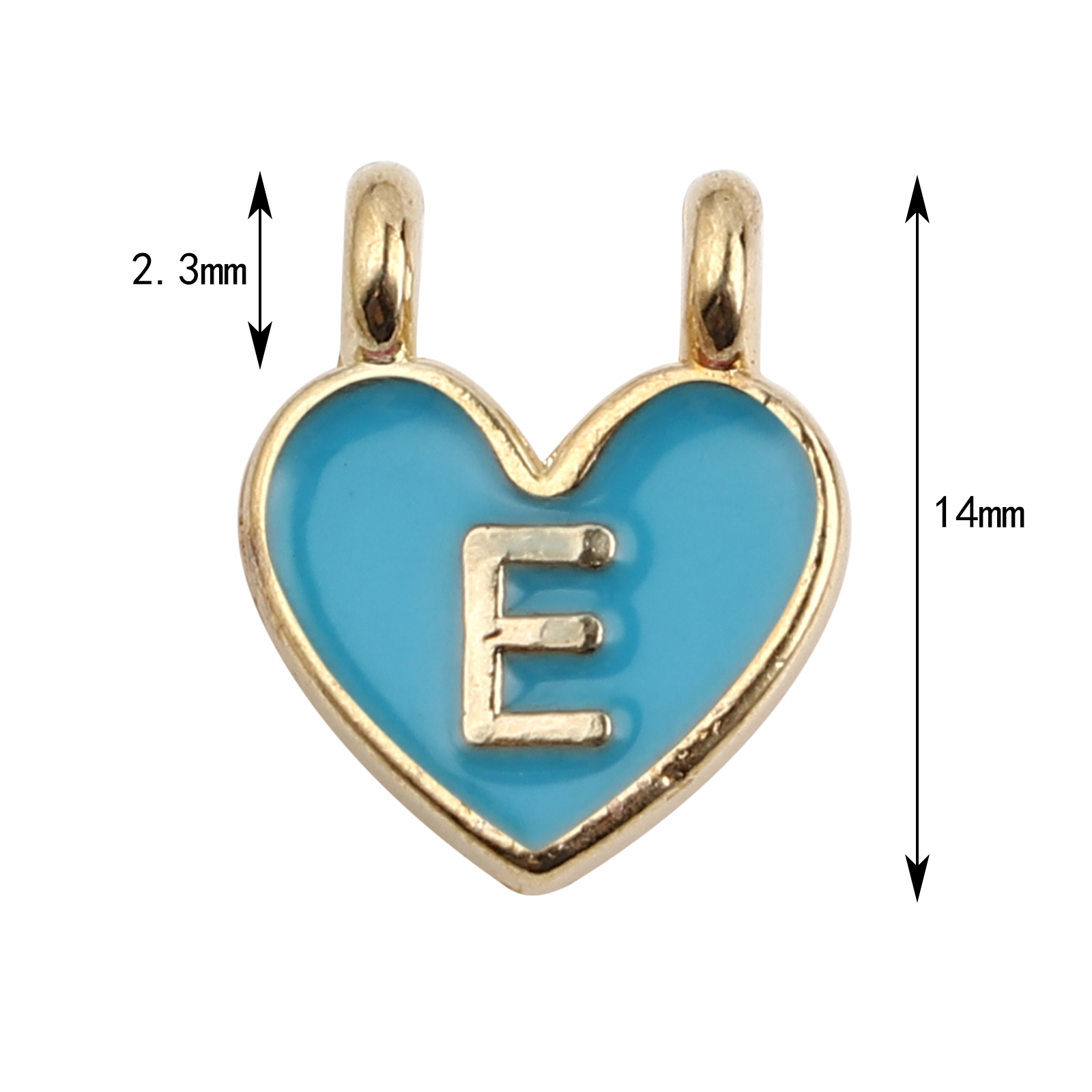 Picture of Zinc Based Alloy Charms Heart Gold Plated Blue Initial Alphabet/ Capital Letter Message " E " Enamel 14mm x 11mm, 10 PCs