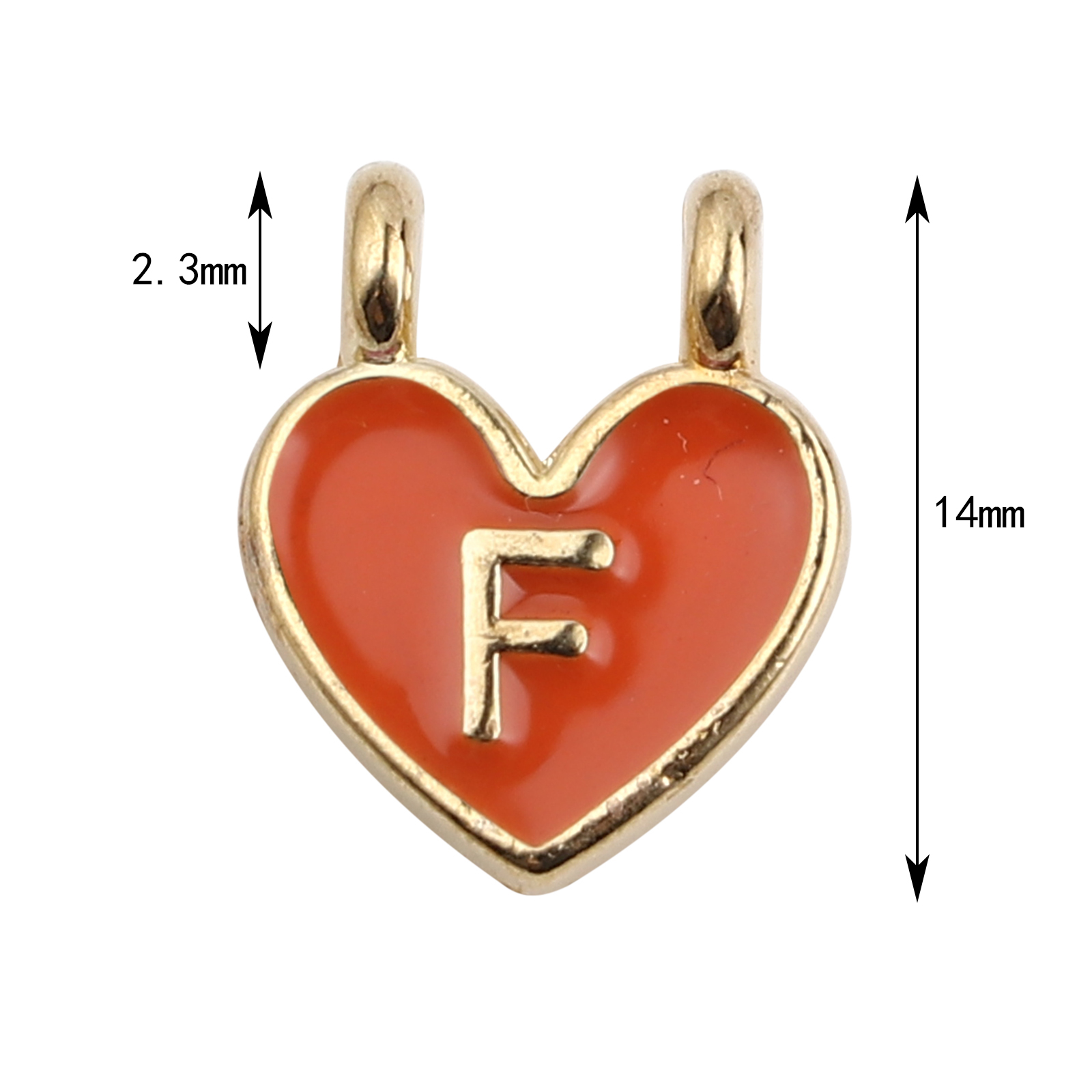 Picture of Zinc Based Alloy Charms Heart Gold Plated Orange Initial Alphabet/ Capital Letter Message " F " Enamel 14mm x 11mm, 10 PCs