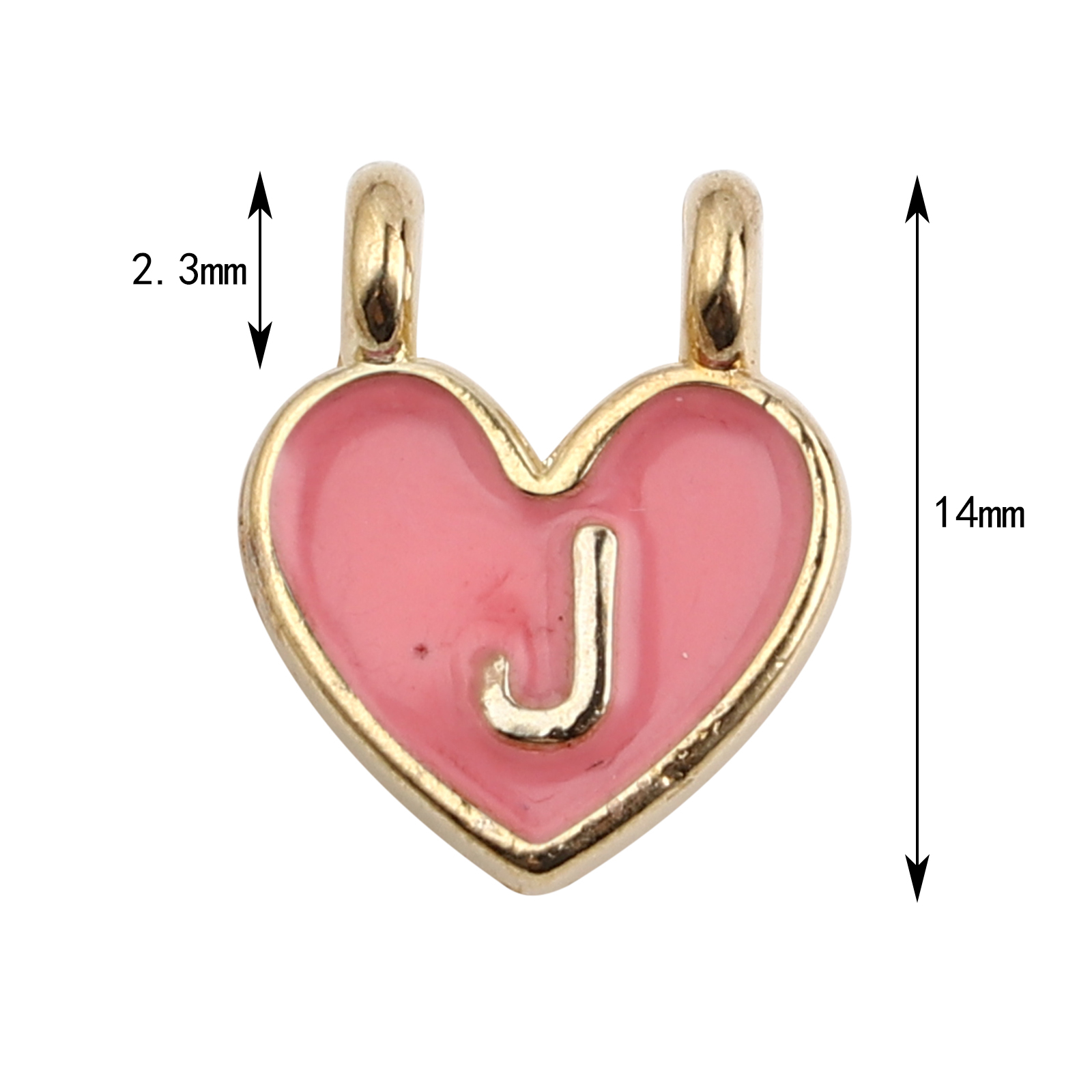 Picture of Zinc Based Alloy Charms Heart Gold Plated Pink Initial Alphabet/ Capital Letter Message " J " Enamel 14mm x 11mm, 10 PCs