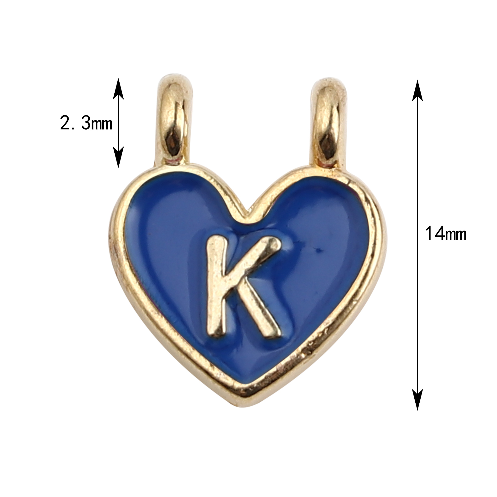 Picture of Zinc Based Alloy Charms Heart Gold Plated Blue Initial Alphabet/ Capital Letter Message " K " Enamel 14mm x 11mm, 10 PCs