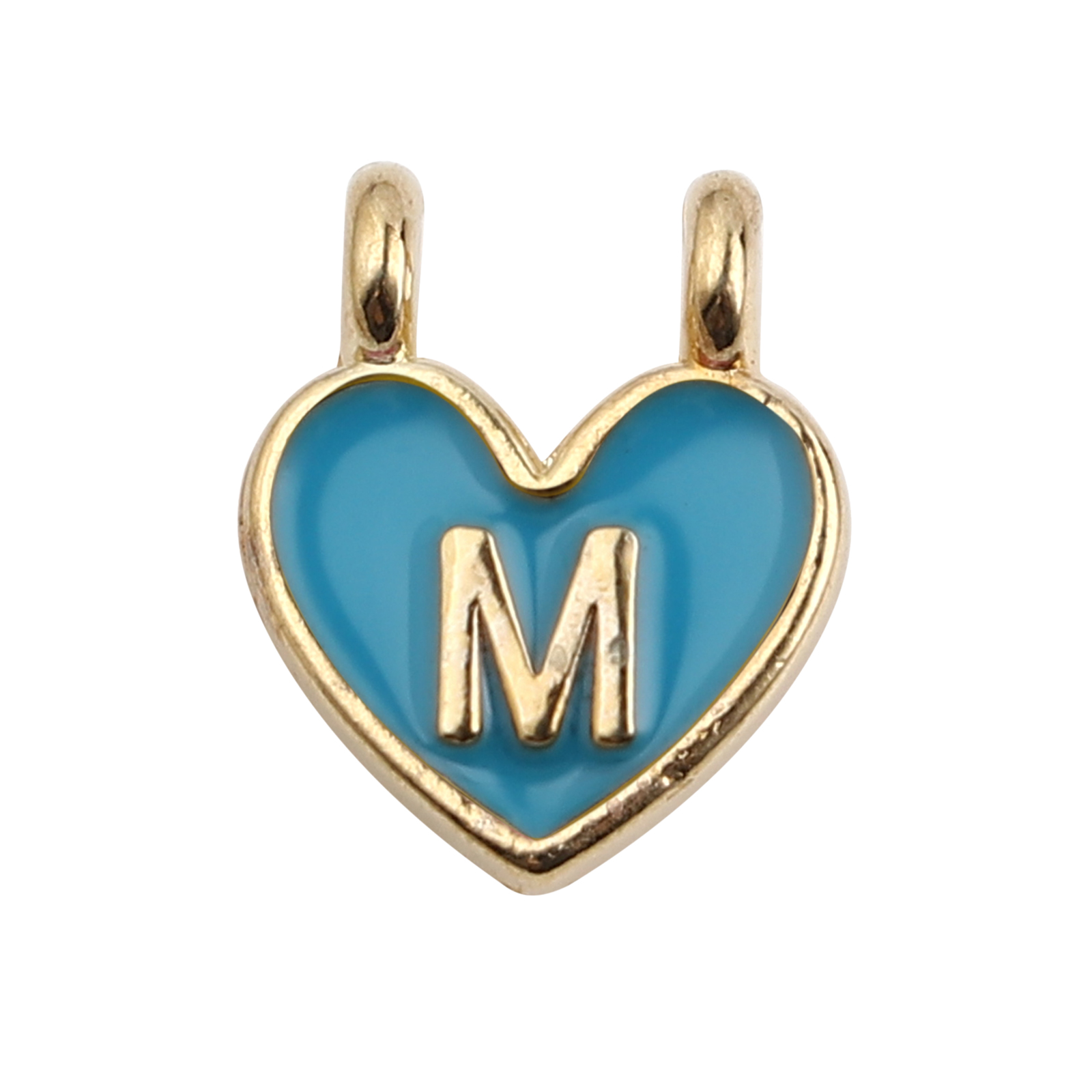 Picture of Zinc Based Alloy Charms Heart Gold Plated Light Blue Initial Alphabet/ Capital Letter Message " M " Enamel 14mm x 11mm, 10 PCs