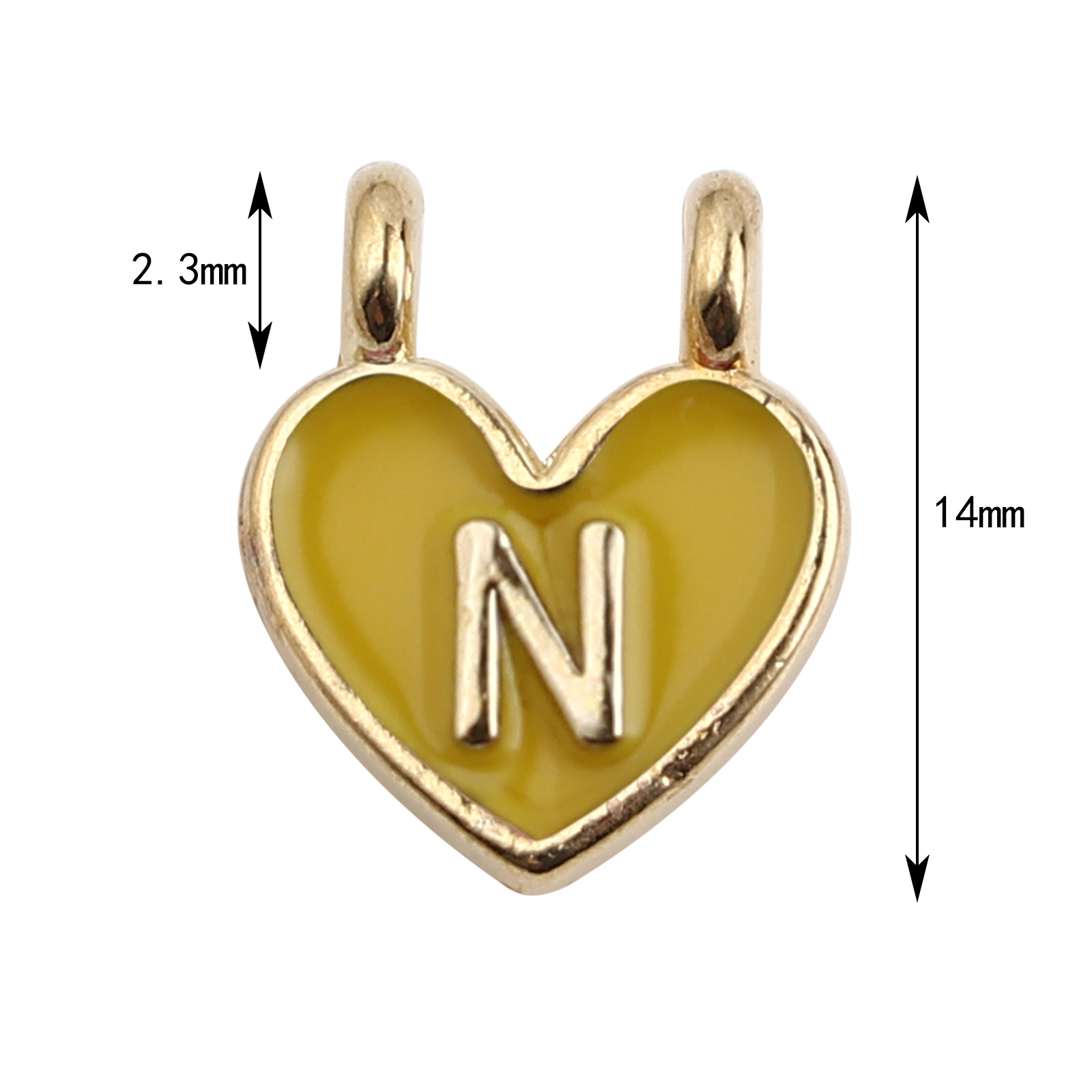 Picture of Zinc Based Alloy Charms Heart Gold Plated Yellow Initial Alphabet/ Capital Letter Message " N " Enamel 14mm x 11mm, 10 PCs