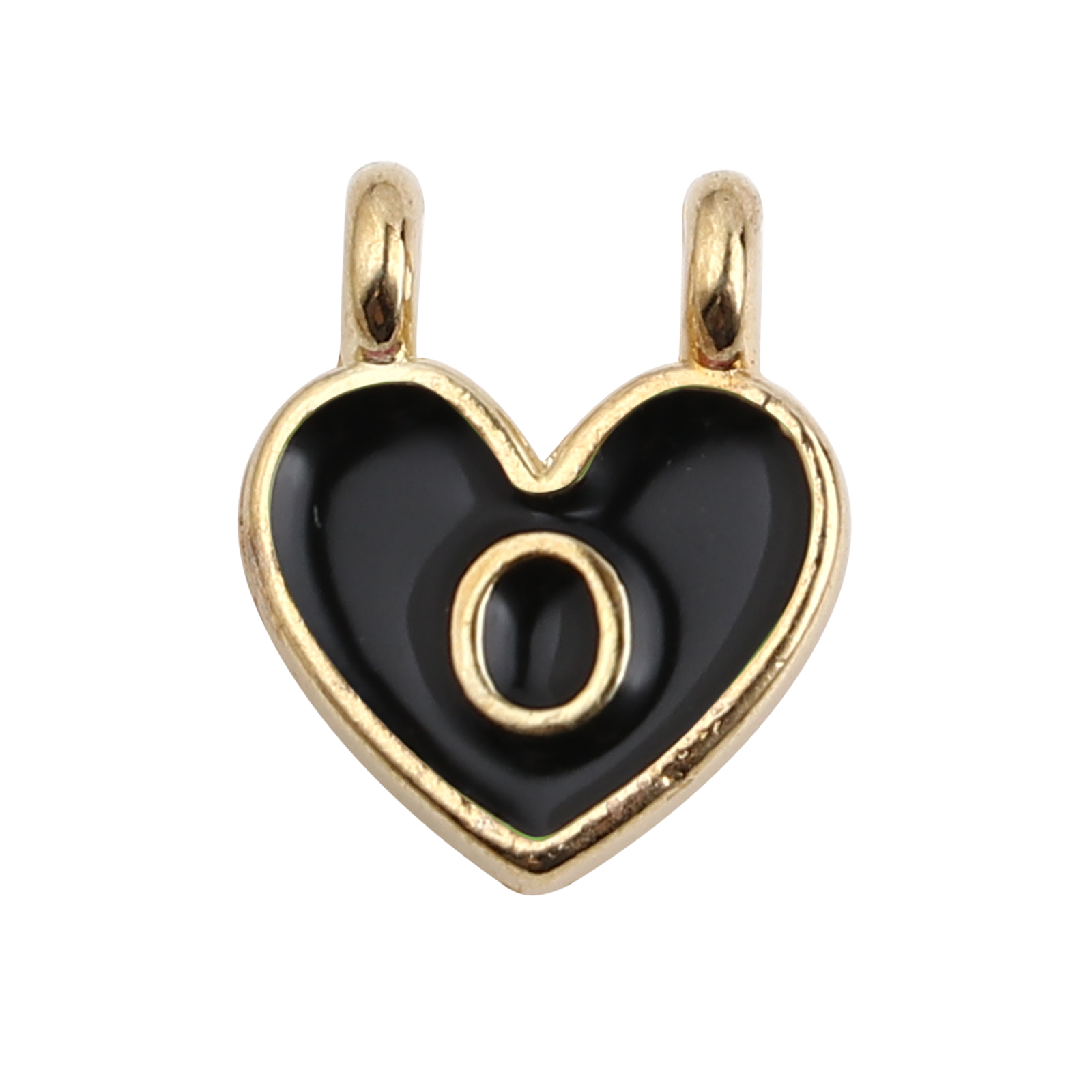 Picture of Zinc Based Alloy Charms Heart Gold Plated Black Initial Alphabet/ Capital Letter Message " O " Enamel 14mm x 11mm, 10 PCs