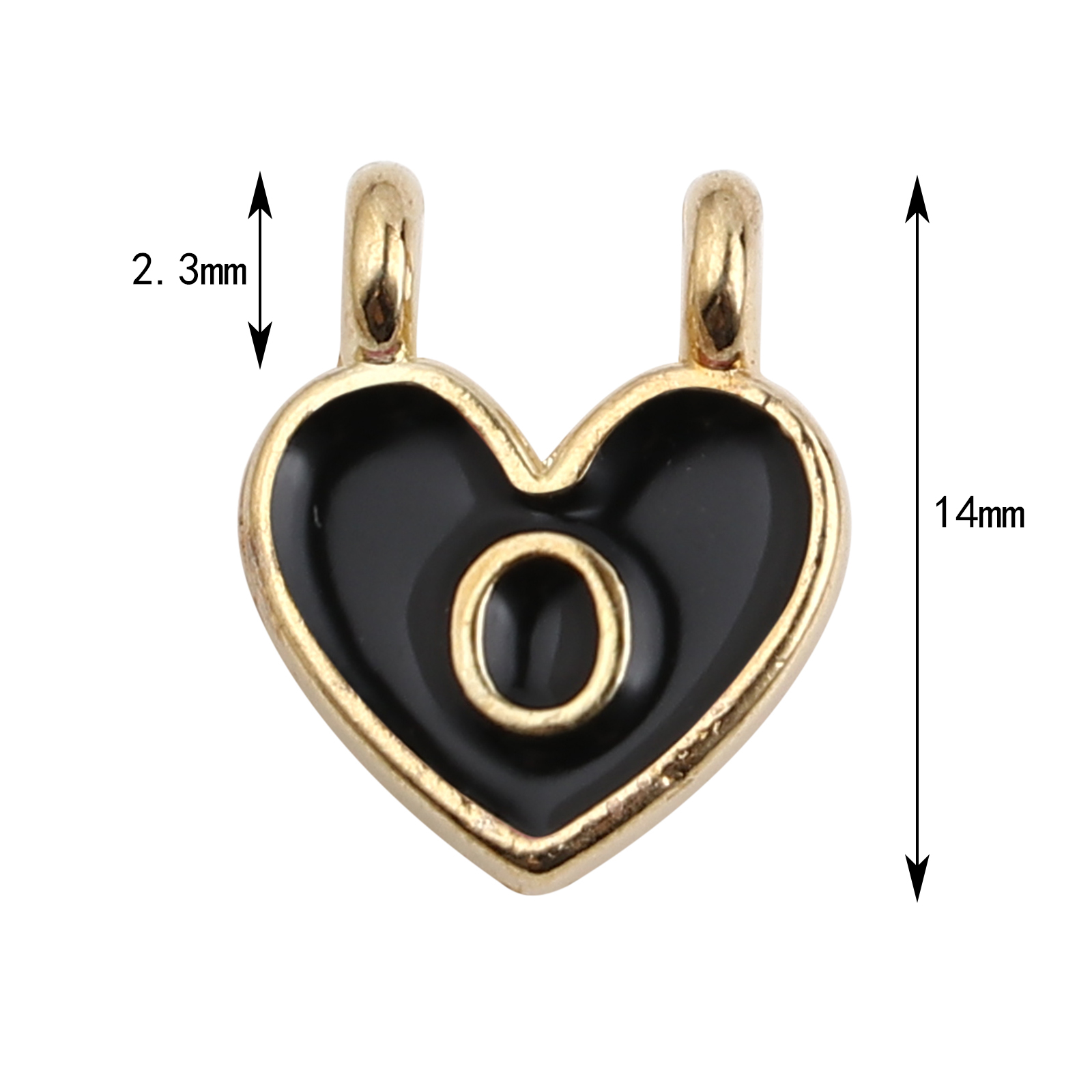 Picture of Zinc Based Alloy Charms Heart Gold Plated Black Initial Alphabet/ Capital Letter Message " O " Enamel 14mm x 11mm, 10 PCs
