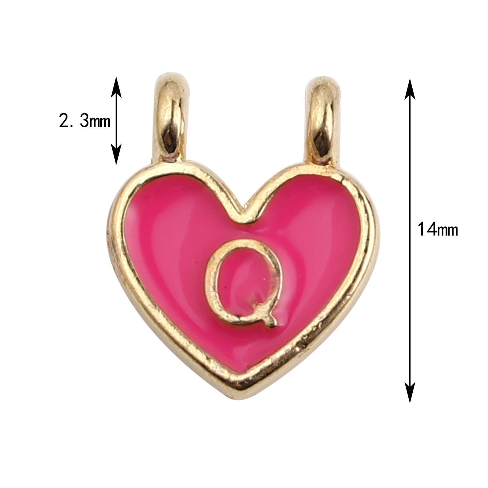 Picture of Zinc Based Alloy Charms Heart Gold Plated Neon Pink Initial Alphabet/ Capital Letter Message " Q " Enamel 14mm x 11mm, 10 PCs