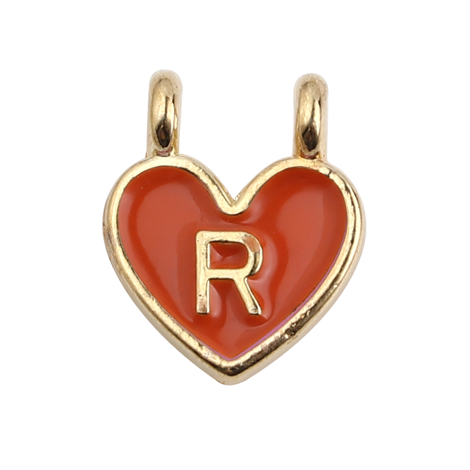 Picture of Zinc Based Alloy Charms Heart Gold Plated Orange Initial Alphabet/ Capital Letter Message " R " Enamel 14mm x 11mm, 10 PCs