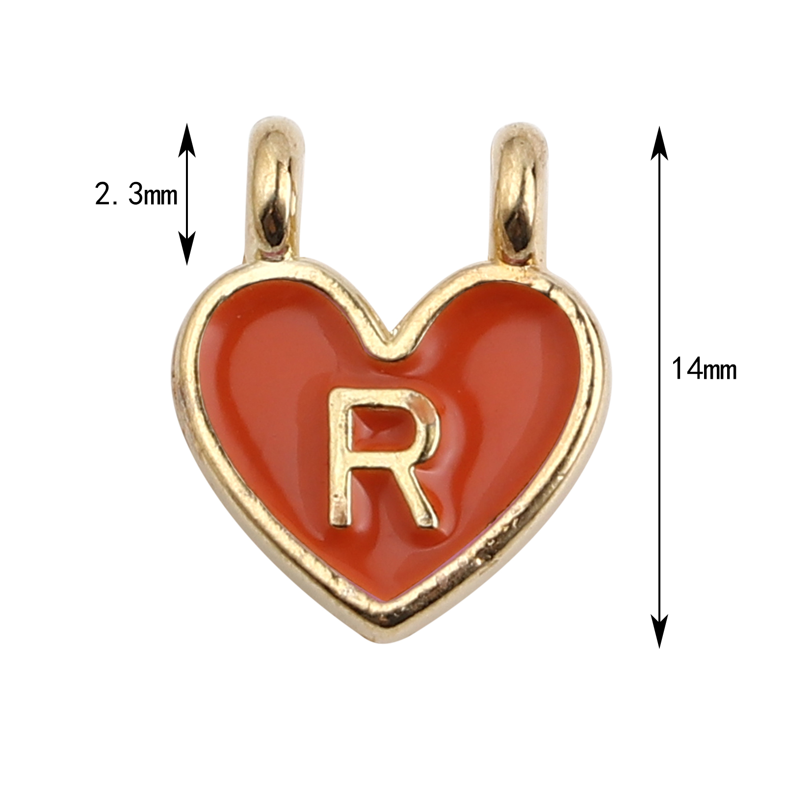 Picture of Zinc Based Alloy Charms Heart Gold Plated Orange Initial Alphabet/ Capital Letter Message " R " Enamel 14mm x 11mm, 10 PCs