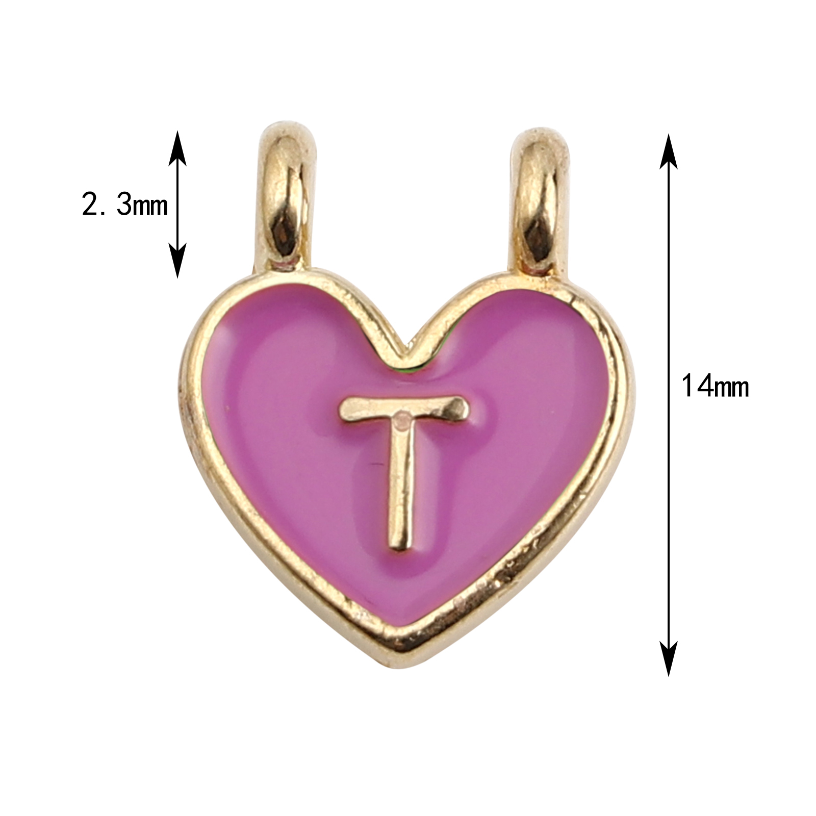 Picture of Zinc Based Alloy Charms Heart Gold Plated Pale Lilac Initial Alphabet/ Capital Letter Message " T " Enamel 14mm x 11mm, 10 PCs