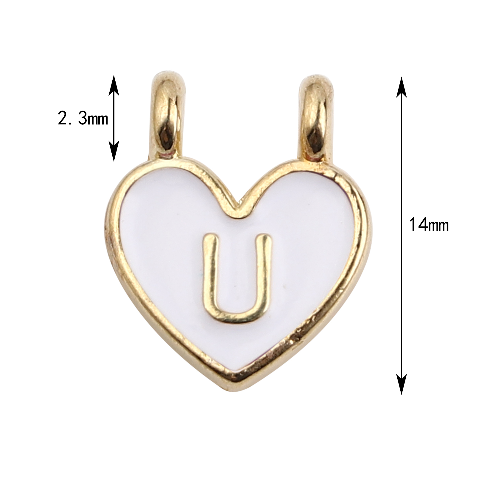 Picture of Zinc Based Alloy Charms Heart Gold Plated White Initial Alphabet/ Capital Letter Message " U " Enamel 14mm x 11mm, 10 PCs