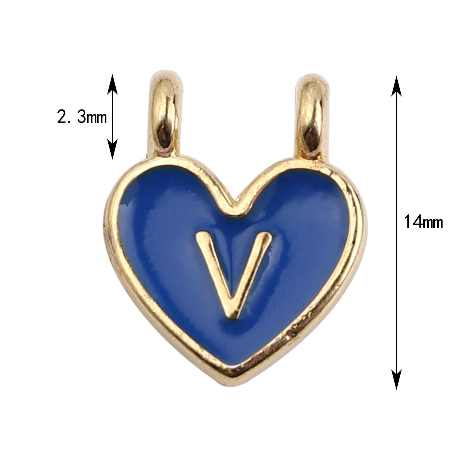 Picture of Zinc Based Alloy Charms Heart Gold Plated Blue Initial Alphabet/ Capital Letter Message " V " Enamel 14mm x 11mm, 10 PCs