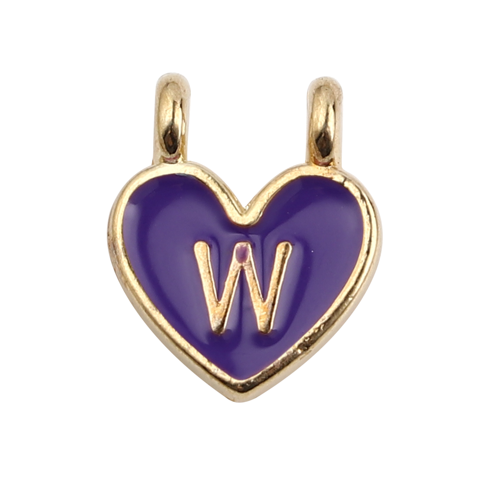 Picture of Zinc Based Alloy Charms Heart Gold Plated Purple Initial Alphabet/ Capital Letter Message " W " Enamel 14mm x 11mm, 10 PCs