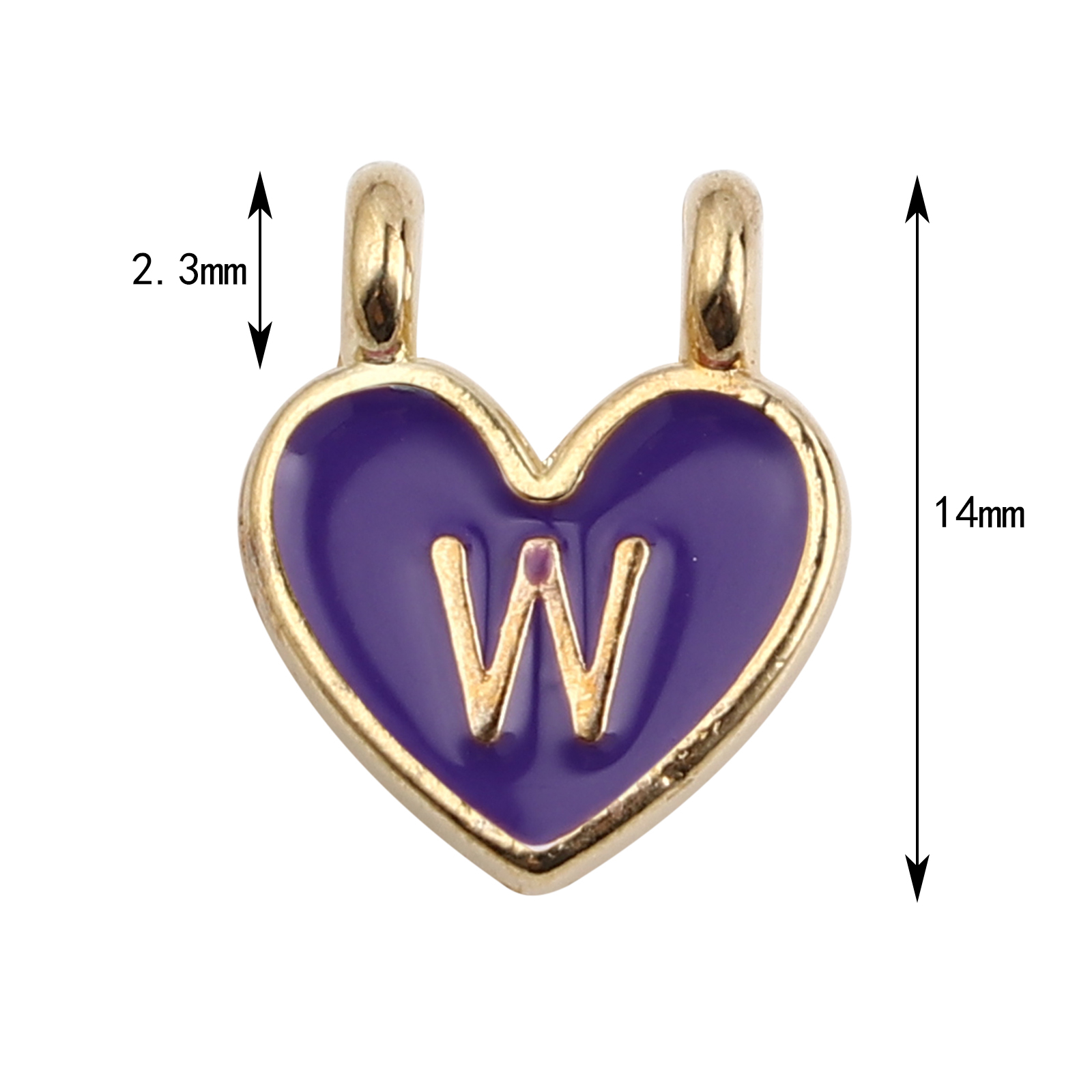Picture of Zinc Based Alloy Charms Heart Gold Plated Purple Initial Alphabet/ Capital Letter Message " W " Enamel 14mm x 11mm, 10 PCs