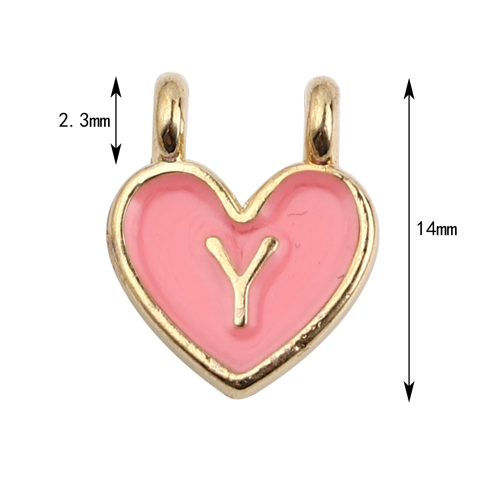 Picture of Zinc Based Alloy Charms Heart Gold Plated Pink Initial Alphabet/ Capital Letter Message " Y " Enamel 14mm x 11mm, 10 PCs