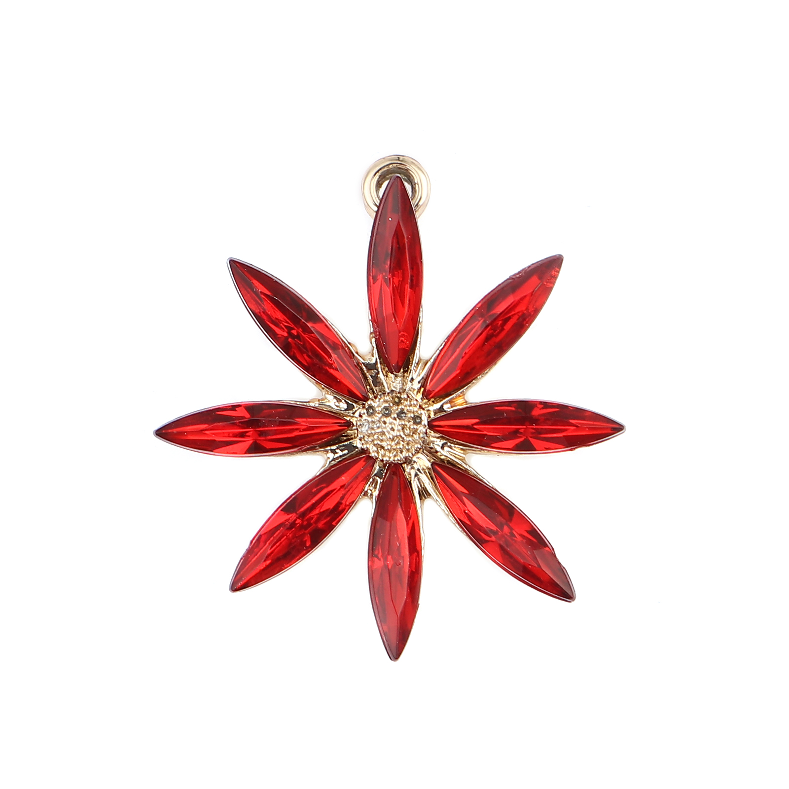 Picture of Zinc Based Alloy Charms Flower Gold Plated Red Cubic Zirconia 28mm x 26mm, 5 PCs