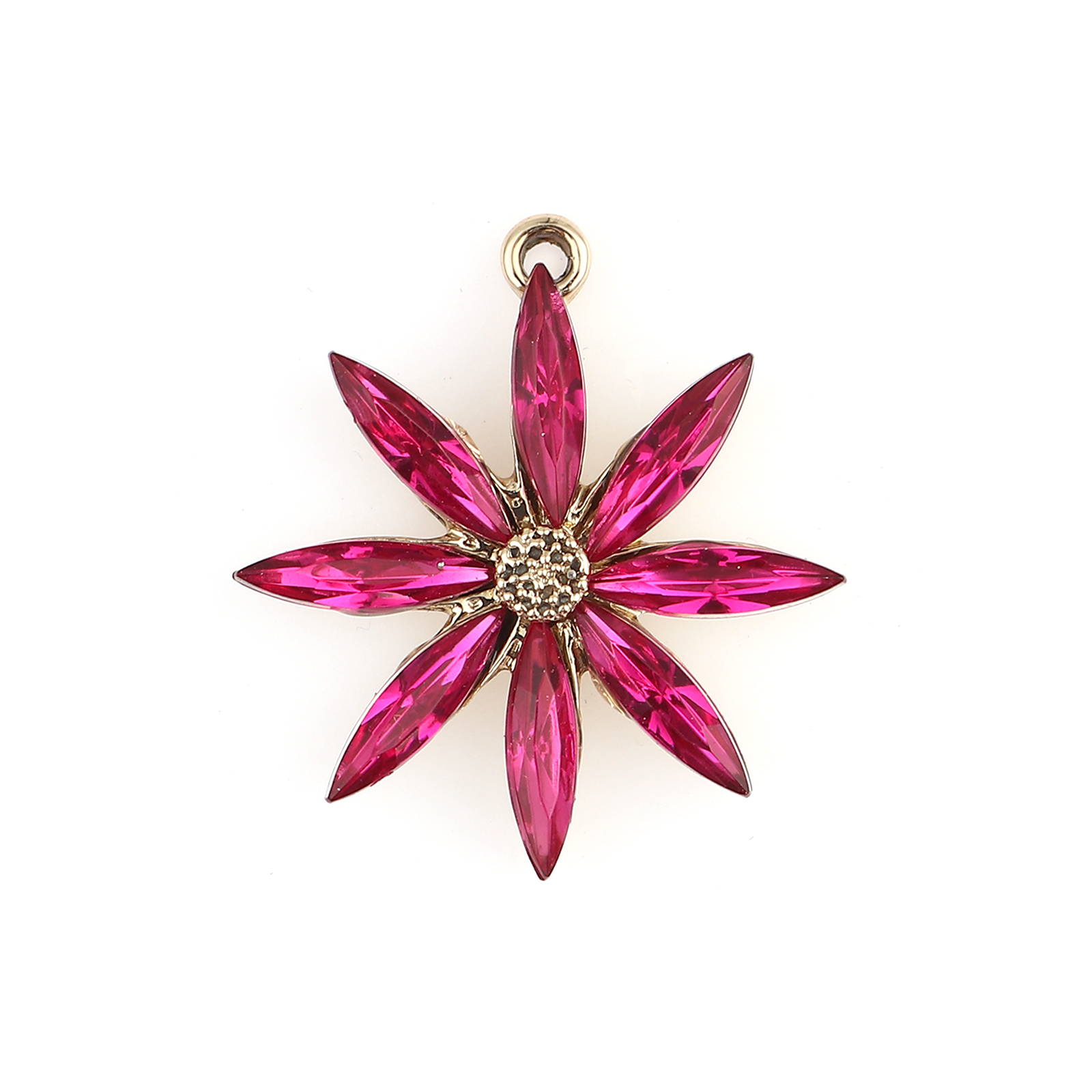 Picture of Zinc Based Alloy Charms Flower Gold Plated Fuchsia Cubic Zirconia 28mm x 26mm, 5 PCs