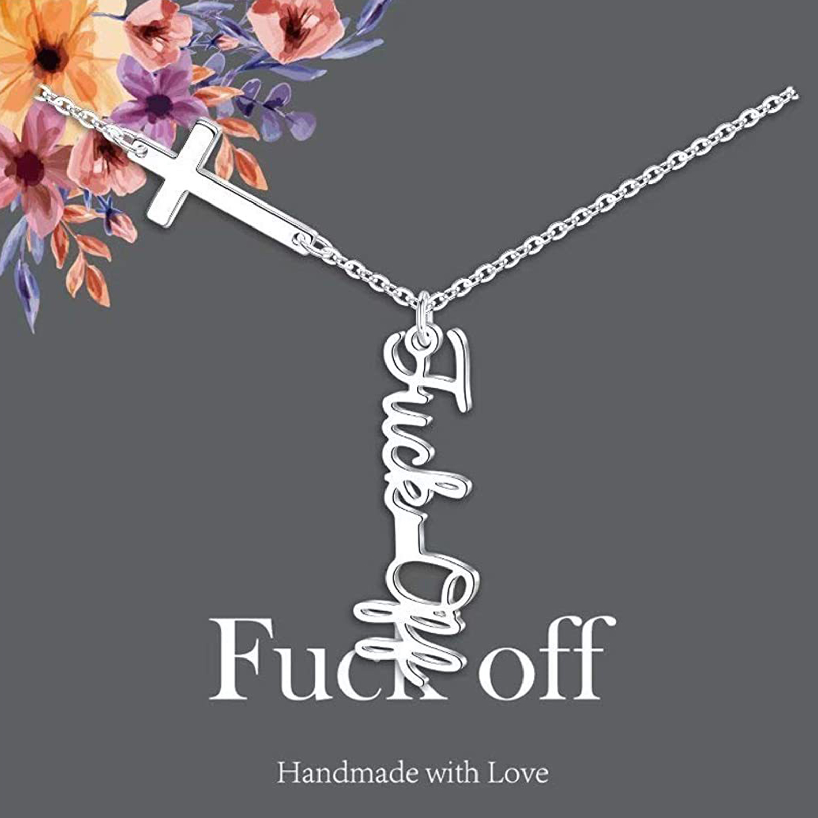 Picture of Stainless Steel Link Cable Chain Findings Necklace Silver Tone Cross Message " FUCK OFF " 45cm(17 6/8") long, 1 Piece