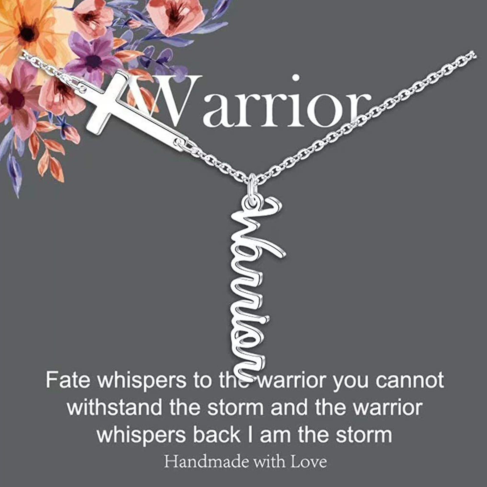 Picture of Stainless Steel Link Cable Chain Findings Necklace Silver Tone Cross Message " WARRIOR " 45cm(17 6/8") long, 1 Piece